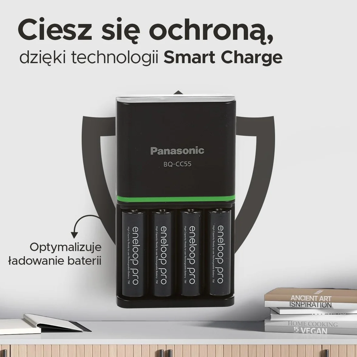 Ładowarka Panasonic eneloop SmartPlus do 1–4 akumulatorów AA/AAA Ni-MH z 4 wskaźnikami LED i 10 funkcjami bezpieczeństwa, w zestawie z 4 akumulatorami eneloop AA/Mignon, min. 2500 mAh, czarna