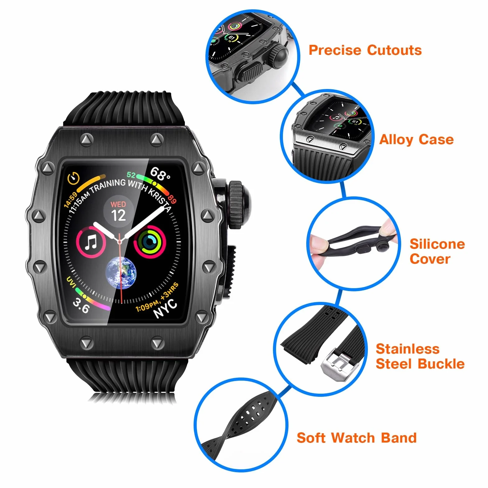 Hartowana folia metalowa obudowa silikonowy pasek 3 w 1 do zegarka Apple Watch 6 5 SE 44 mm do sportów na świeżym powietrzu inteligentny zegarek opaska na nadgarstek do iWatch 8 7 45 mm