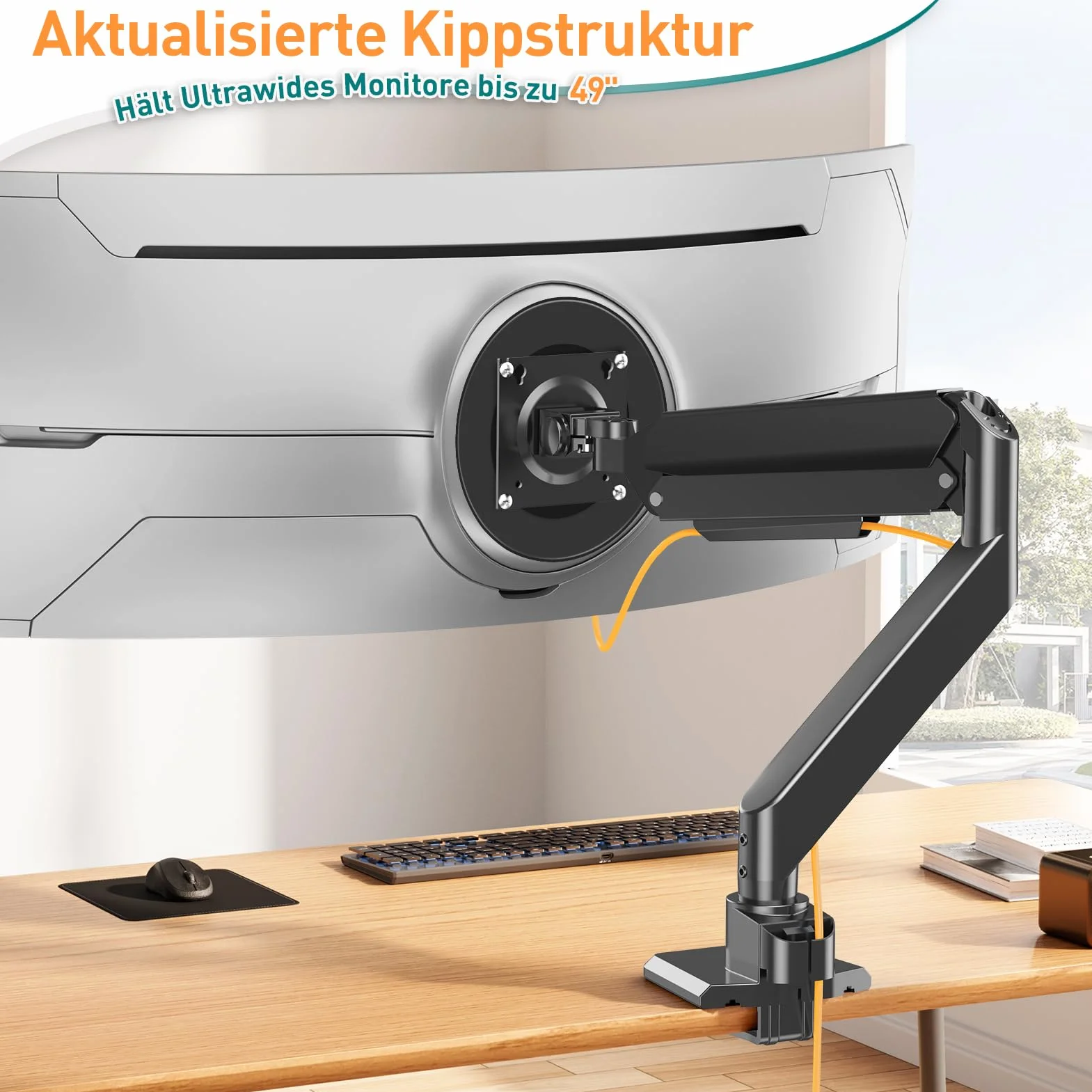 ELIVED EV3227 Ultrawide ramię monitora do ekranu o przekątnej maks. 49 cali, wytrzymały uchwyt biurkowy do monitora 2-20 kg, stojak na komputer ze sprężyną gazową, VESA 75 i 100 mm z zaciskiem i