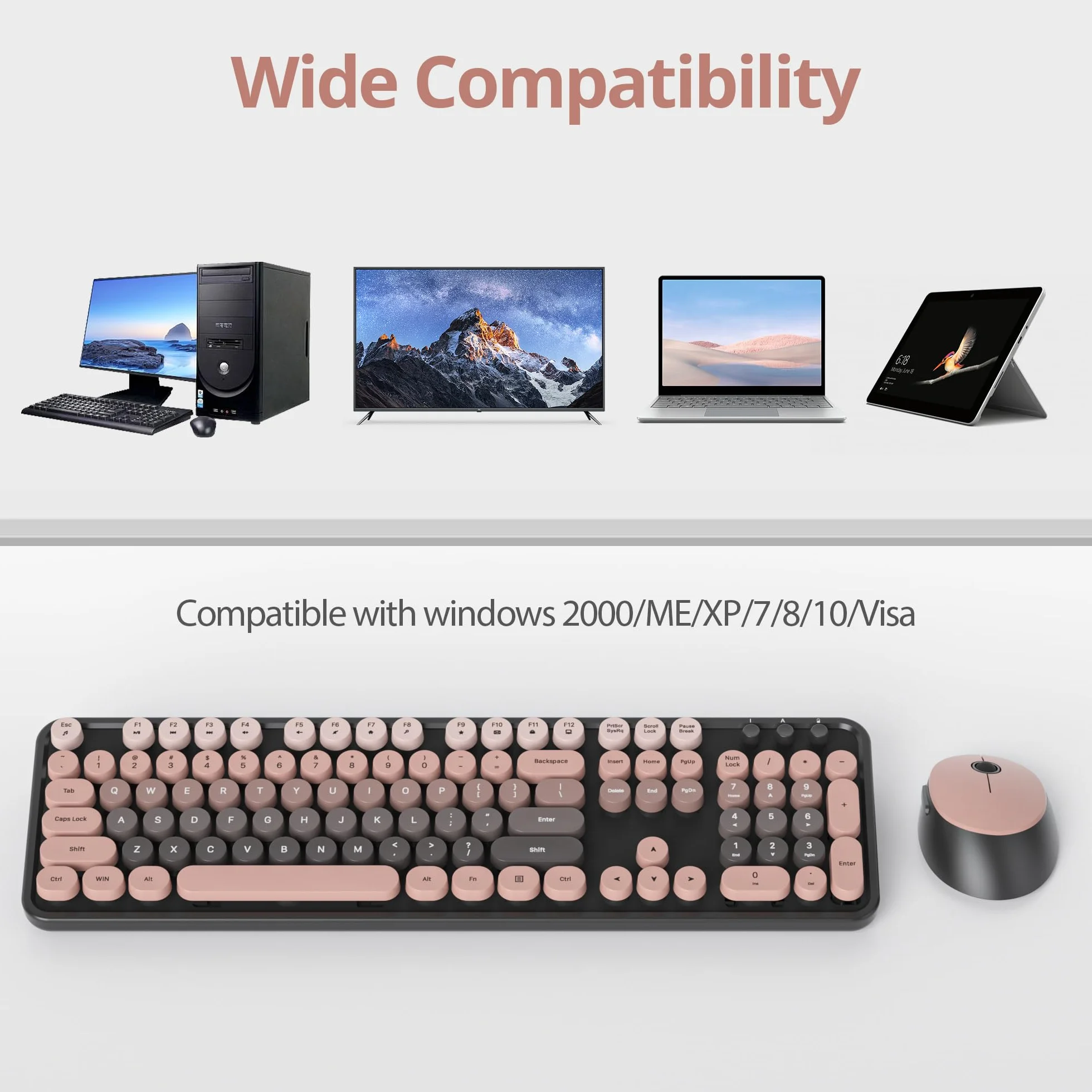 Bezprzewodowa klawiatura myszy, okrągła klawiatura retro maszyna do pisania, urocza klawiatura komputerowa 2,4G, amerykańska QWERTY, bezprzewodowa ergonomiczna klawiatura z 104 klawiszami