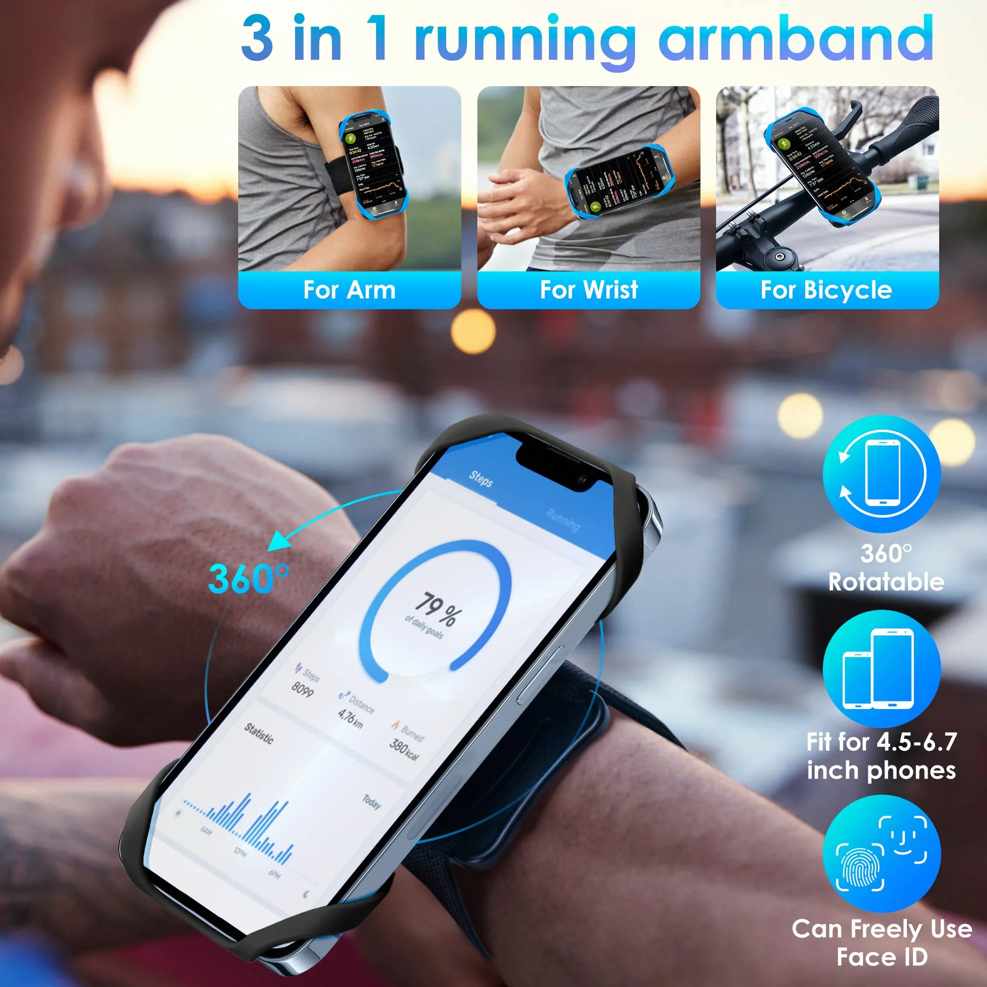 Cikyner Opaska do biegania 3 w 1 Uchwyt na telefon 360° Obrotowa dla 4,5-7'' iPhone Huawei
