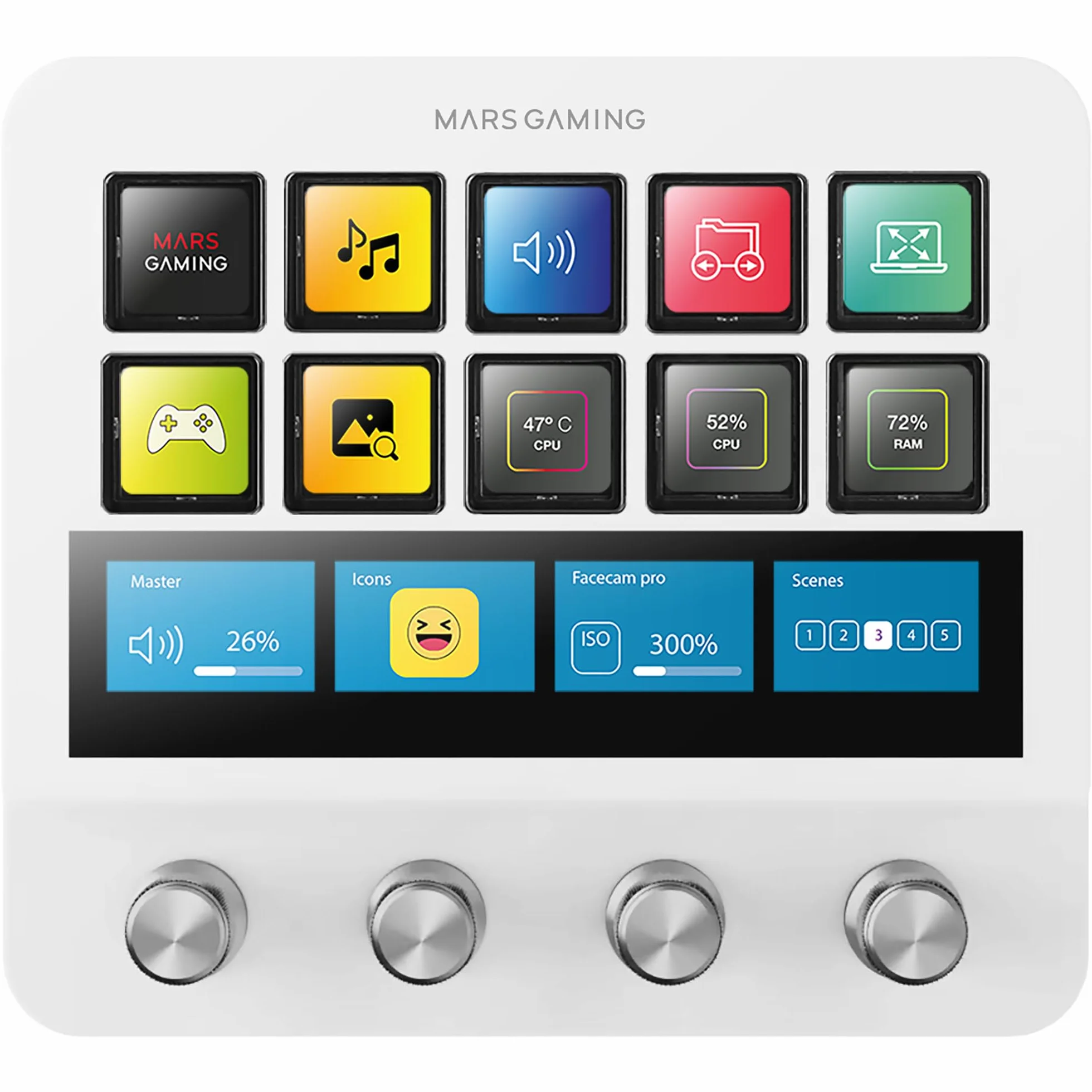 Mars Gaming MSD-PRO, Panel Sterujący, 10 Personalizowanych Klawiszy LCD i 4 Pokrętła, Rozszerzony Animowany Ekran Dotykowy, Regulowana Podstawka, Oprogramowanie Sterujące, 2x USB 3.0, USB-C, Biały