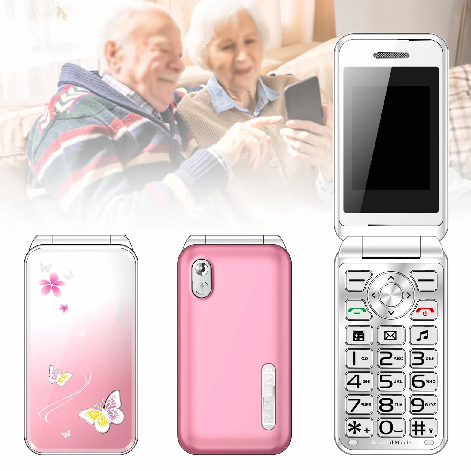 Podstawowy telefon komórkowy dla osób starszych, telefon komórkowy 2G z dużym przyciskiem, odblokowany, standard sygnału GSM, obsługa kart dual SIM + SD,Pink