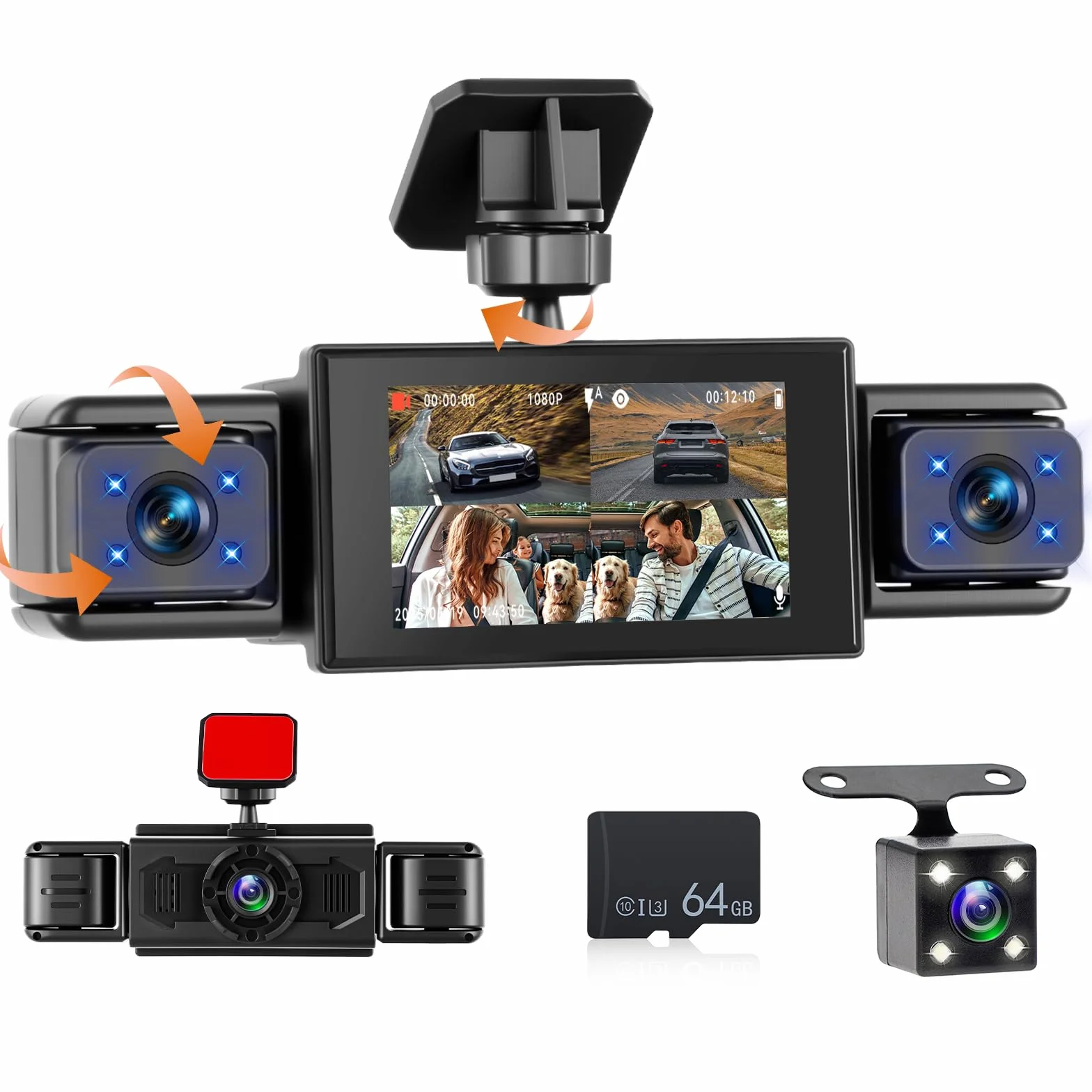 1080P Dash Cam 360 stopni 4 kanały, ekran 3 cale | Dashcam z kartą SD 64G, czujnik G, kamera cofania, tryb parkowania 24H, noktowizor, nagrywanie w pętli