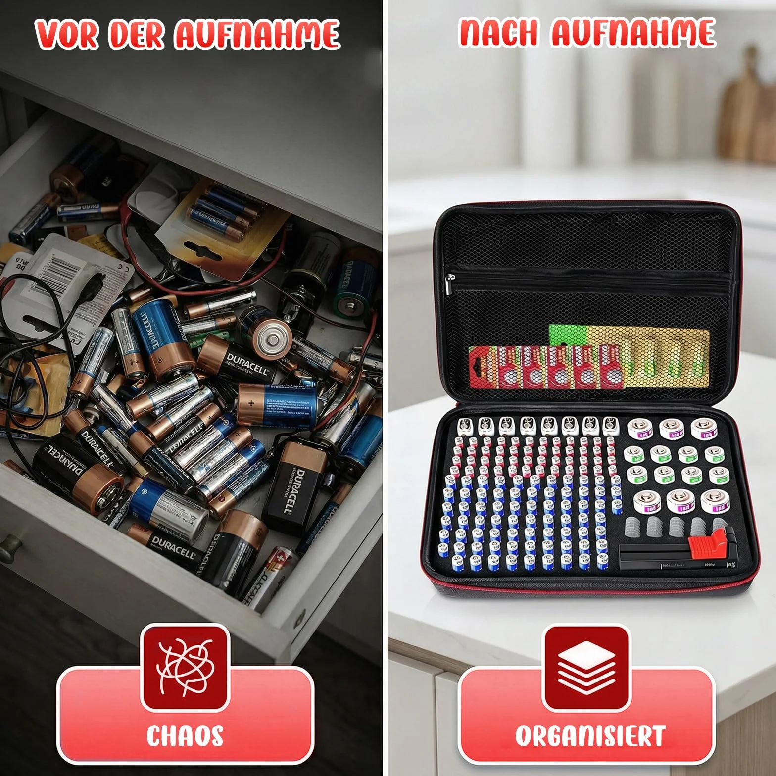 Pudełko na baterie Pudełko do przechowywania baterii – organizer na baterie AA AAA C D 9V i baterie guzikowe, skrzynka na baterie z testerem BT-168, tylko pudełko