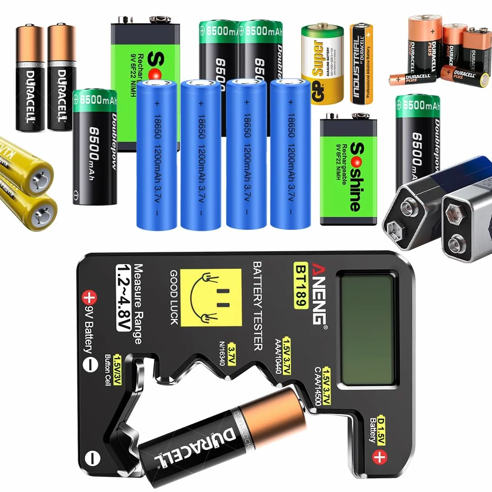 AXFEE Cyfrowy tester baterii, uniwersalny tester baterii, uniwersalny wyświetlacz LCD do sprawdzania baterii, przenośna pojemność baterii do AA AAA C D N 10440 16340 9V 1,5 V przycisk baterii