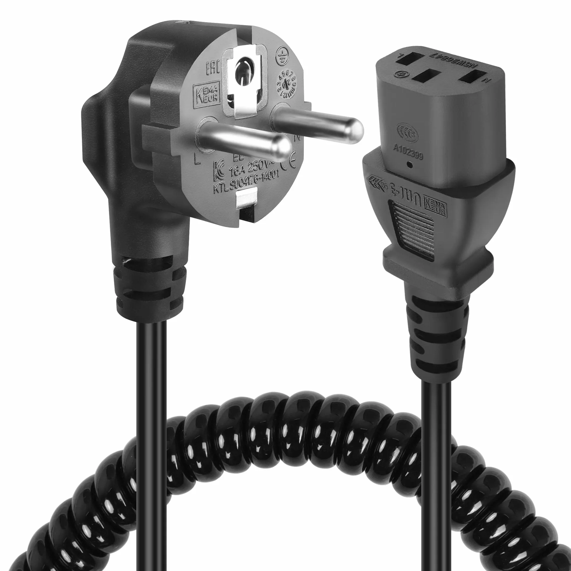GELRHONR 90° Wygięty kabel zasilający do urządzeń zimnych CEE 7/7 na C13, spiralny kabel zasilający do monitorów, komputerów, drukarzy, skanerów, telewizorów