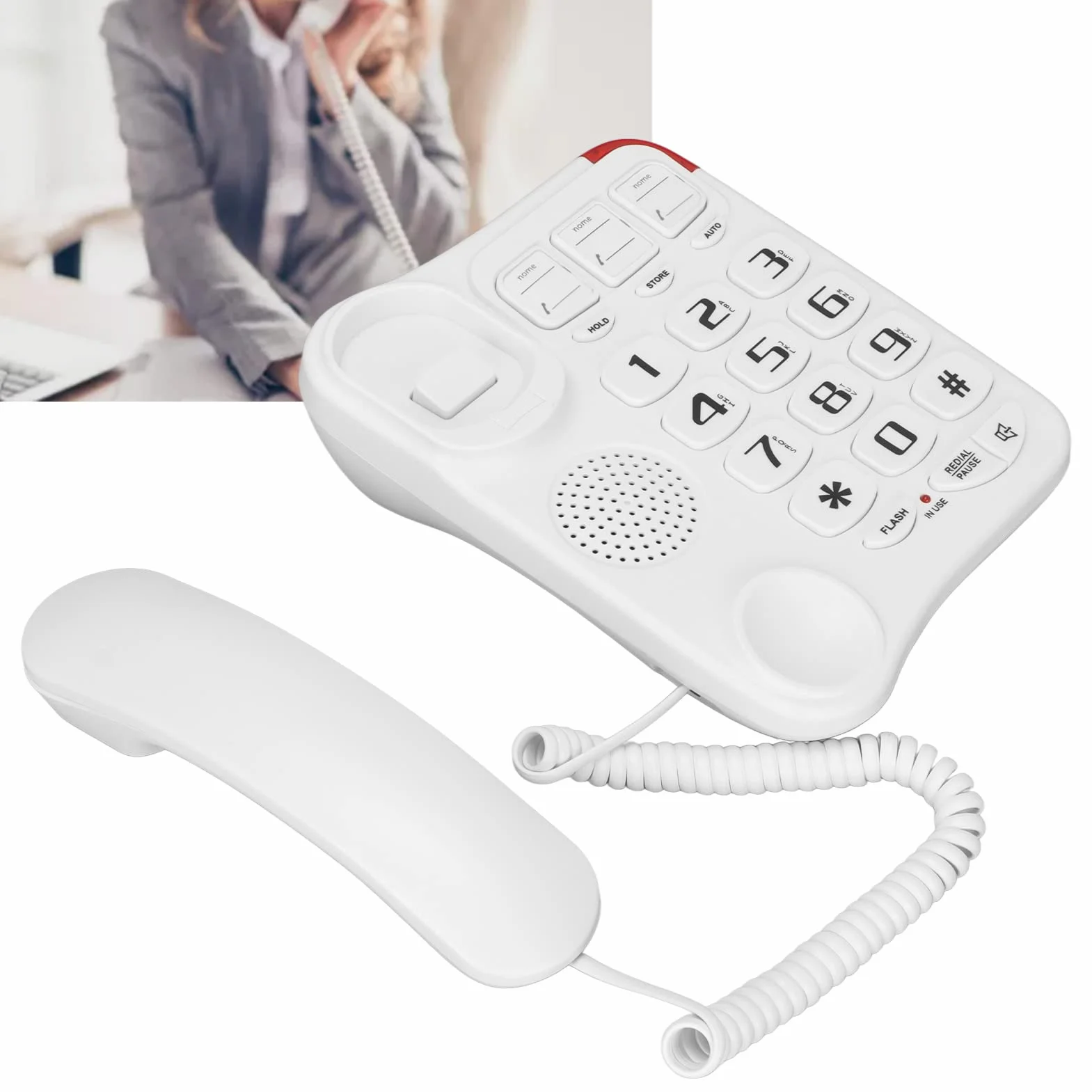 Telefon przewodowy z dużym przyciskiem dla seniorów, 3 klawisze obrazkowe, Wzmocniony telefon przewodowy, Wielofunkcyjny telefon z dużym przyciskiem dla osób starszych, Wybieranie jednoprzyciskowe
