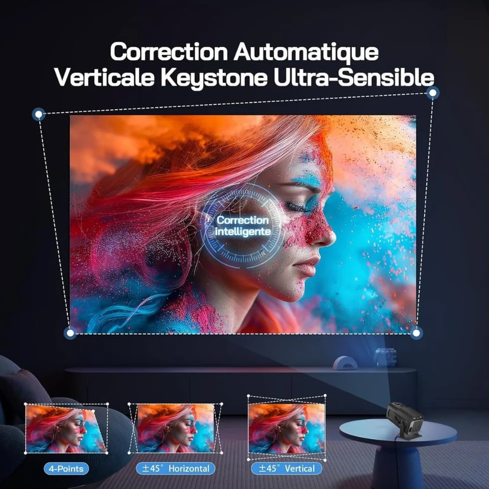 Przenośny projektor 4K Support/WiFi 6 / BT 5.4 Android TV i [aplikacja] automatyczne ustawianie ostrości, Full HD 1080P, głośniki HiFi, krótka ogniskowa, kompatybilna z HDMI/TV Stick/Gaming