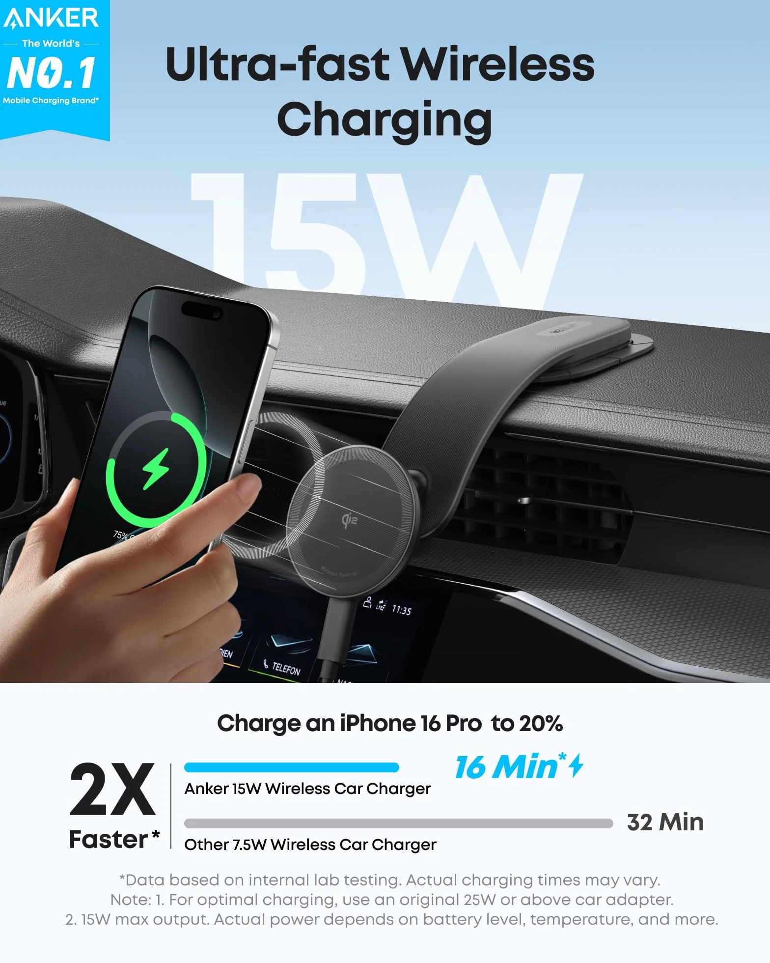 Bezprzewodowa ładowarka samochodowa Anker Nano, regulowana magnetycznie w zakresie 360°, odłączana podkładka, szybkie ładowanie Qi 15 W, solidny metalowy uchwyt, do serii iPhone 16/15/14/13/12 (z zasi | Magnetyczna ładowarka samochodowa z regulacją 360°,