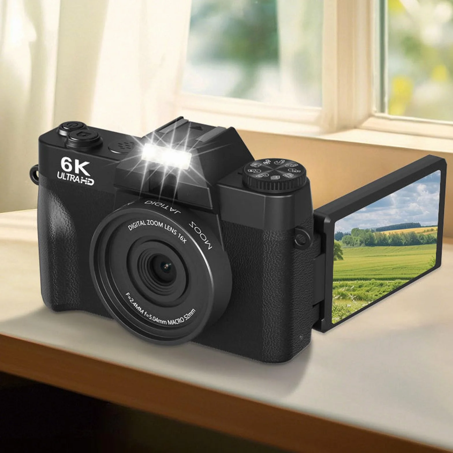 6K Aparat Cyfrowy do Fotografii, 64MP Wi -Fi Autofocus Video Camara z Ekranem Klapki 180 °, 16x Zoom, Kompaktowa Konstrukcja do Podróży, Karta Pamięci 32 GB