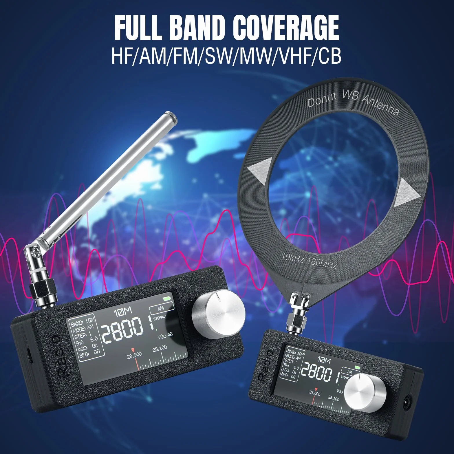 Raddy Mini Radio DSP Pełny Zakres Pasm z Chip Si4732, Odbiornik FM/SW/MW/VHF/CB Tryby LSB/USB, Wzmac. Słuchawkowy, Kompaktowy Ekran Kolorowy 1.9", Antena Teleskopowa + Donut, Aktualizacja firmware