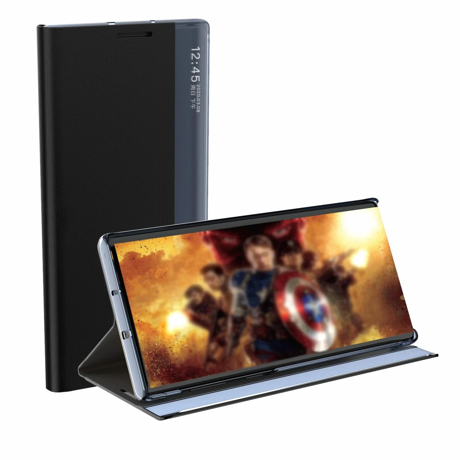 Etui do Samsung Galaxy S24 Ultra/S24 Plus/S24, etui ochronne z klapką magnetyczną, skórzane etui na telefon komórkowy z przezroczystym okienkiem z funkcją stojaka, czarne, S24 Ultra