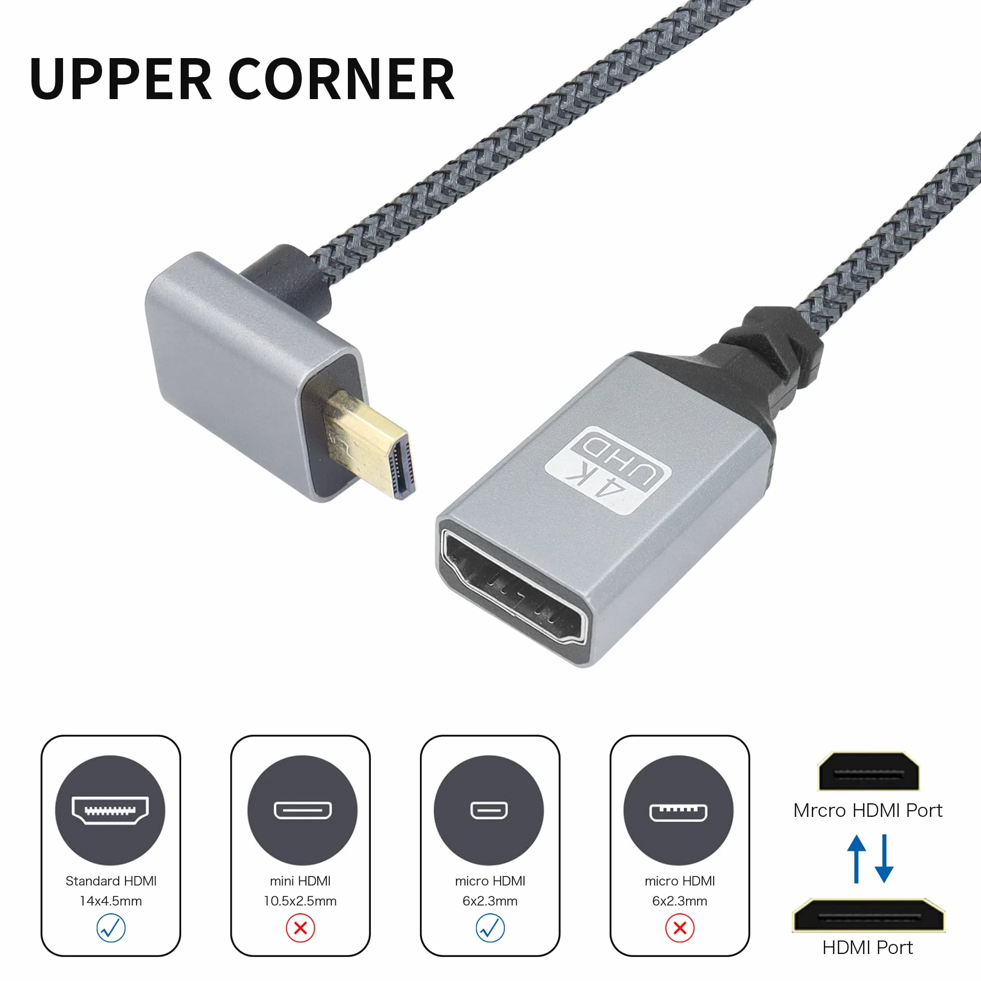 Kabel Przejściowy 4K Micro HDTV na HDTV, Kąt 90 Stopni, Aluminiowy, Krótki Nylonowy Pleciony, Obsługa 4K UHD, Do Laptopa, Telewizora, Kamery (20