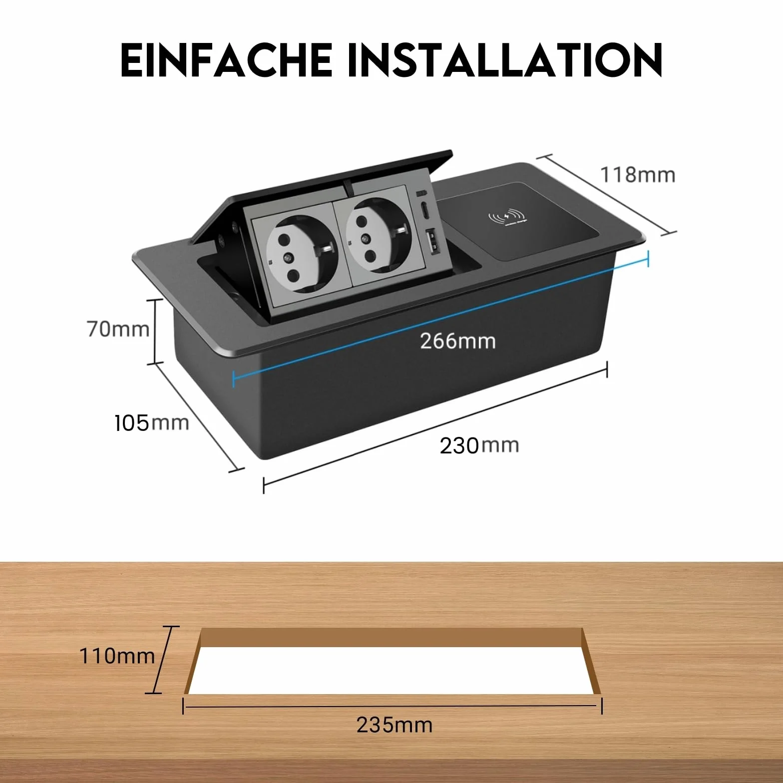 Wysuwane gniazdko elektryczne, 2-krotne, PD20 W, szybkie ładowanie, USB C, z bezprzewodową ładowarką 15 W, do blatu roboczego, biurka