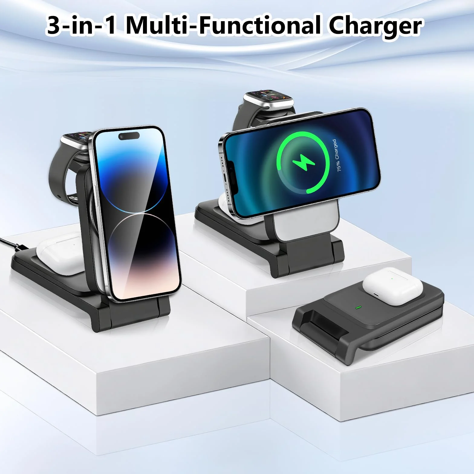 Ładowarka Bezprzewodowa 3-w-1, Stacja Ładowania Indukcyjnego, Podstawka do Szybkiego Ładowania, Wireless Charger do iPhone 17 Air 16e 16 15 14 13 12 11 oraz Apple Watch i AirPods