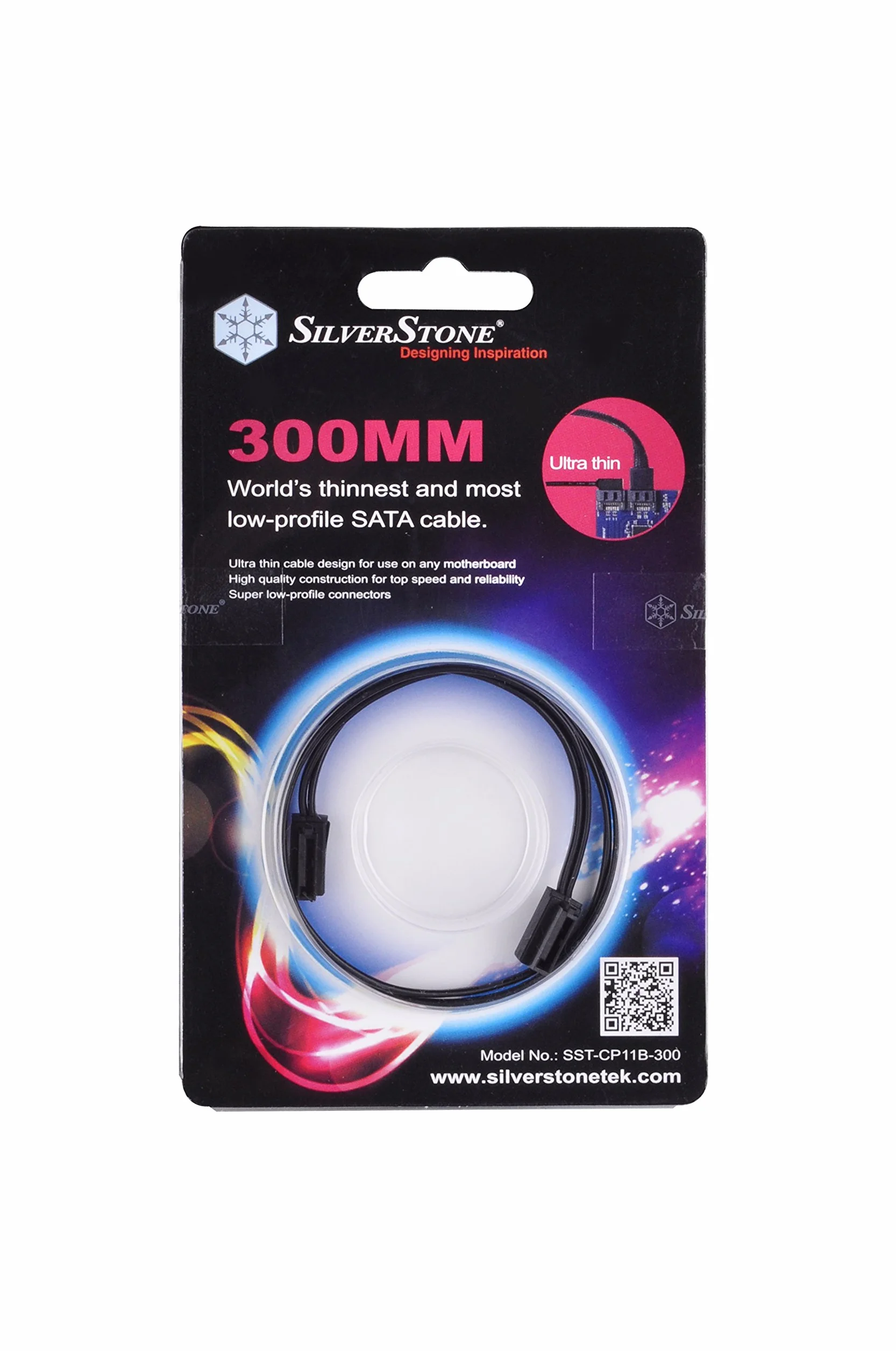 SilverStone SST-CP11-300 Ultra cienki kabel SATA III 6 Gb/s, kabel materiałowy pod kątem 90°, złącza super niskoprofilowe, 30 cm