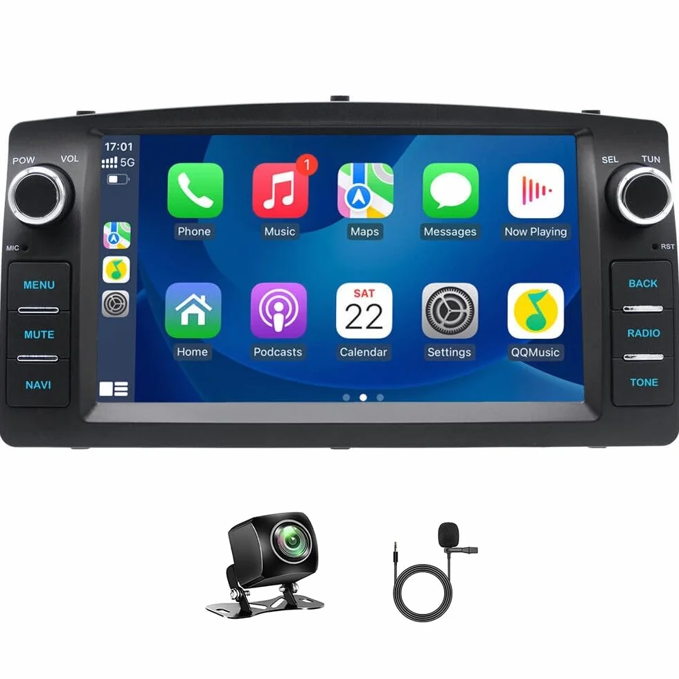 4+64G Android Double Din Radio dla Toyoty Corolla 2000-2006 z bezprzewodowym Carplay Android Auto, 7-calowym ekranem dotykowym, nawigacją Bluetooth, kamerą cofania AHD, GPS, WiFi, FM RDS SWC