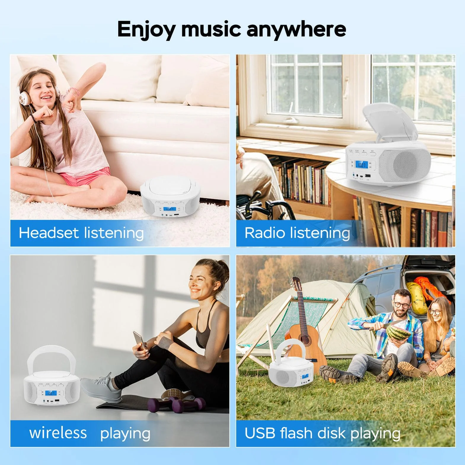Tonysa Przenośny Odtwarzacz CD, CD RW MP3 USB AUX Odtwarzacz Muzyczny BT, Obsługa Radia FM, Płyta CD z książką dźwiękową do Domu/na Zewnątrz (wtyczka UE)