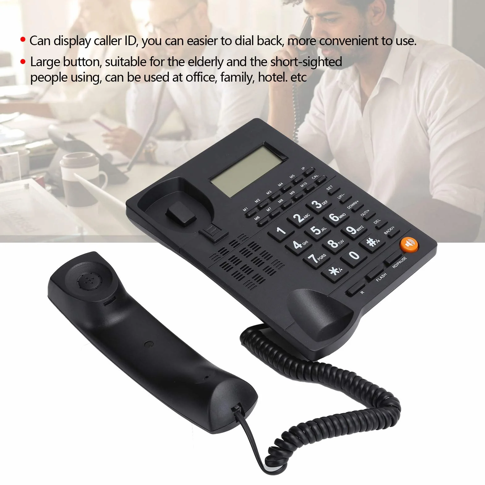 Telefon stacjonarny przewodowy, stacjonarny telefon przewodowy z dużymi przyciskami Podświetlenie Wyświetlanie identyfikatora dzwoniącego Redukcja szumów Jakość połączeń HD dla osób starszych Biuro