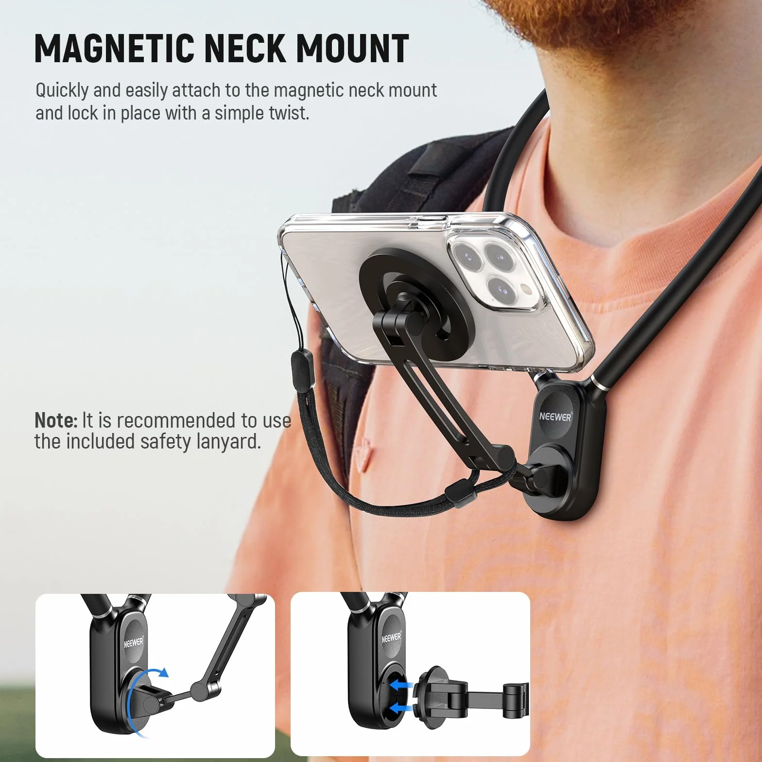 NEEWER Magnetyczny uchwyt na szyję, stojak na klatkę piersiową na szyję zestaw głośnomówiący kompatybilny z GoPro dji Insta360 iPhone 15 Android, uchwyt na telefon do wideo POV, GP16