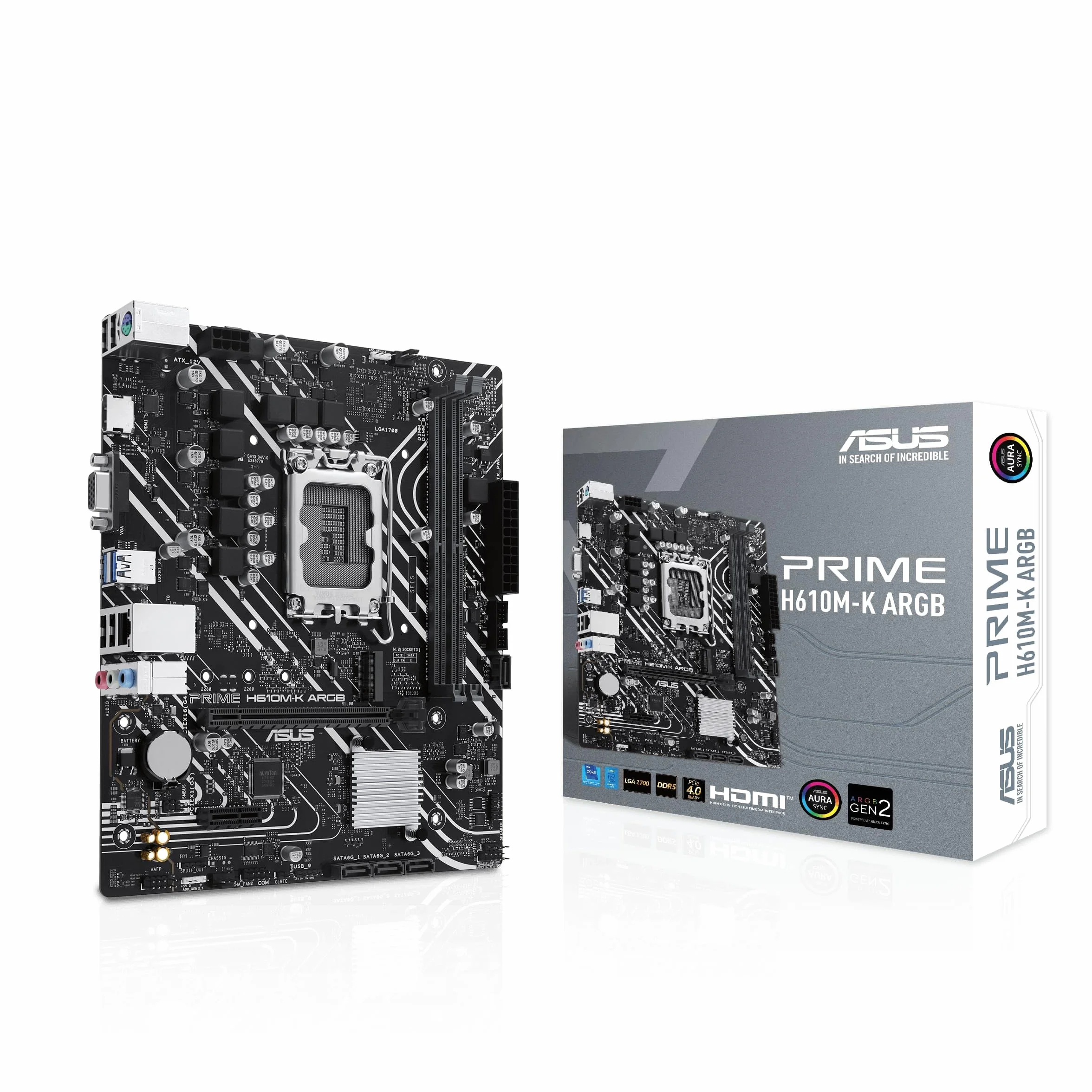 ASUS Prime H610M-K ARGB płyta główna Intel H610 (LGA 1700), DDR5, PCIe 4.0, M.2 Slot, Realtek 1 GB Ethernet, HDMI, VGA, USB 3.2 Gen 1, SATA 6 Gbit/s, Aura Sync