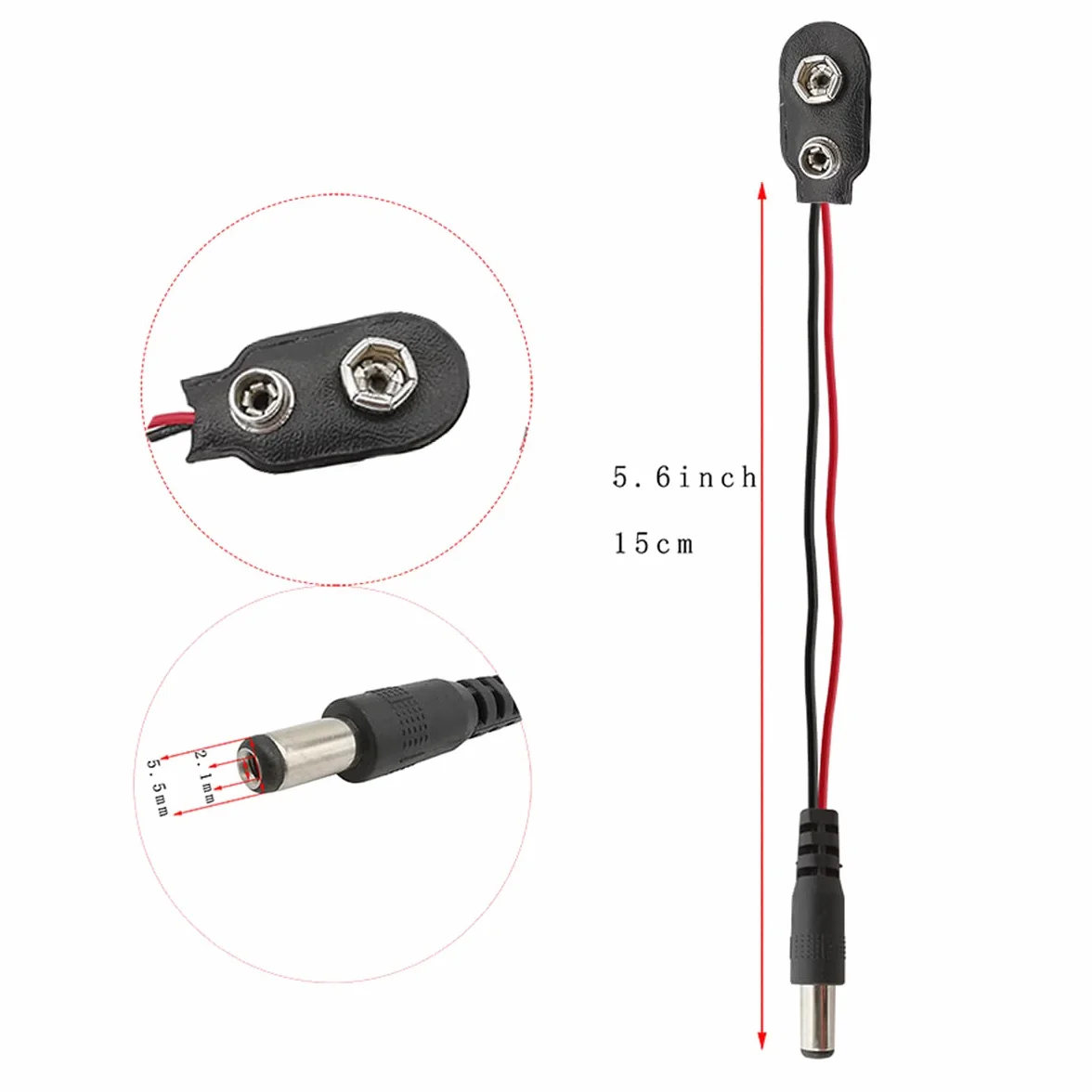 Zaciski do akumulatora 9V Snap-on z wtyczką DC 5,5x2,1mm 10 szt.