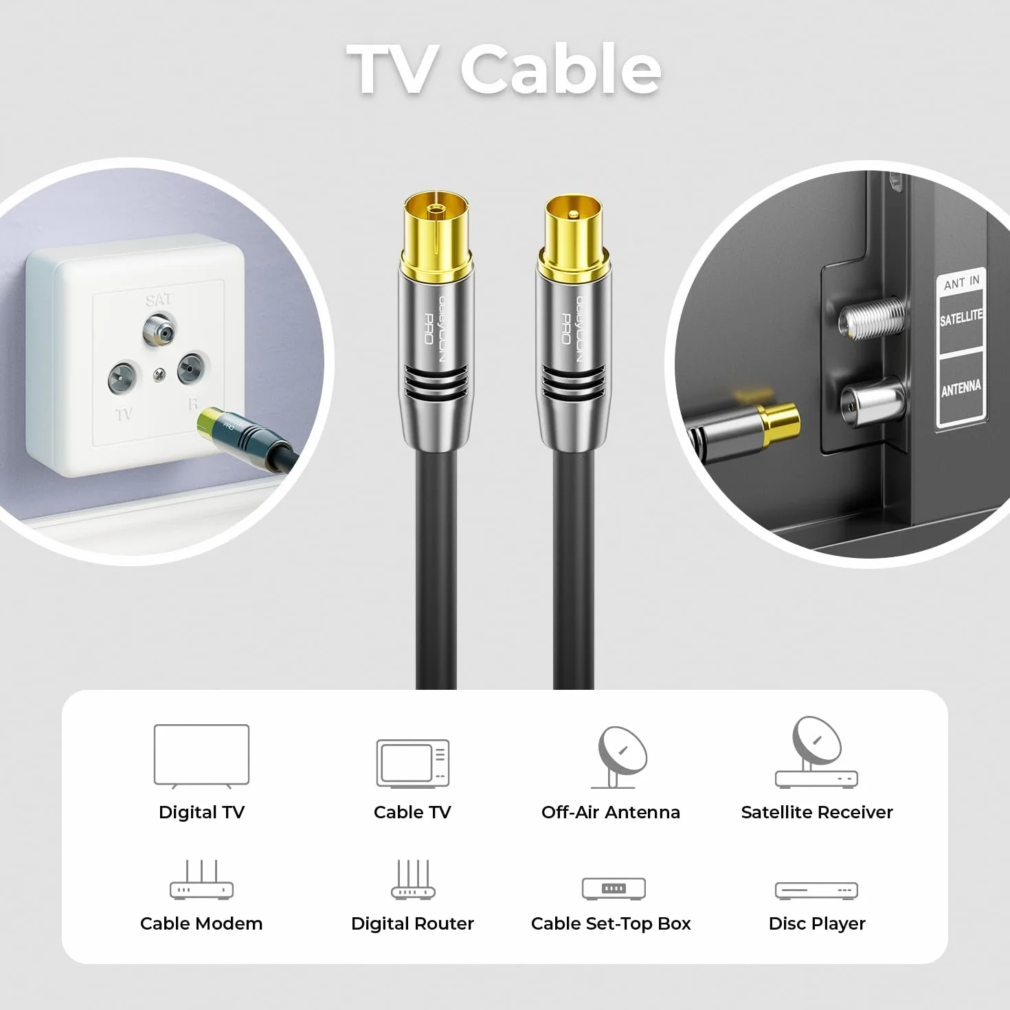deleyCON 2m 4K TV Kabel Antenowy Koncentryczny Kabel TV HDTV FULL HD - Wtyk IEC na Gniazdo IEC - Metalowe Wtyki - Analogowy Cyfrowy - Czarny