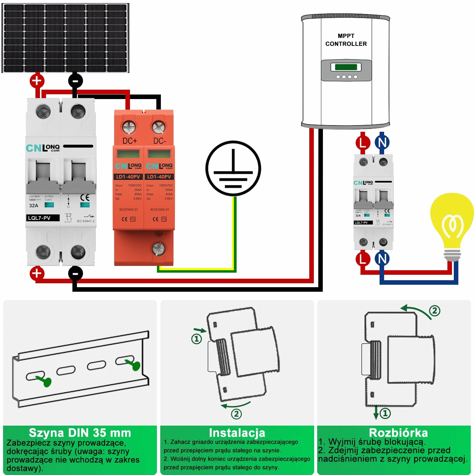 CNLonQ 2 Sztuki Solar Fotowoltaiczne urządzenie ochrony przeciwprzepięciowej Ogranicznik przepięć DC1000V 2P T2 20kA/40kA, montaż na szynie DIN 35mm