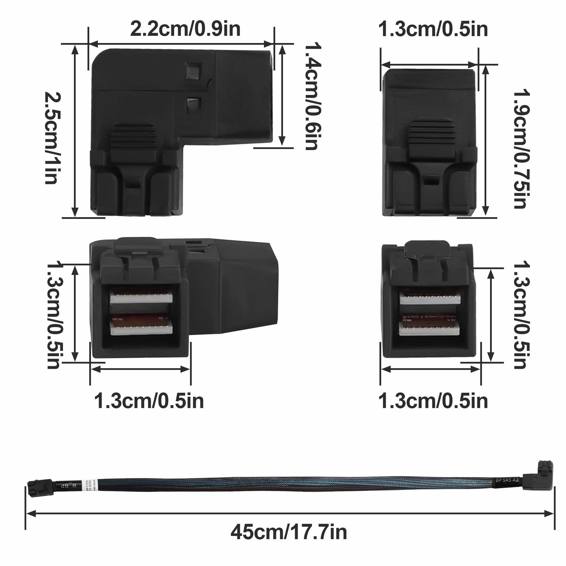 MINI SAS HD SFF-8643 kabel 45 cm, kąt prosty do 90 stopni, wewnętrzny kabel serwerowy z plecionym płaszczem i nasadkami ochronnymi, SAS 3.0 12 Gbps do centrum danych/RAID/SAN