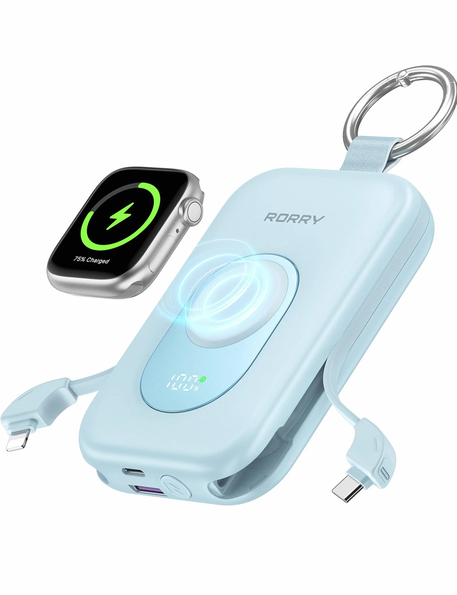 RORRY Powerbank, Power Bank 20 000 mAh, 30 W PD, szybkie ładowanie, przenośna ładowarka z 2 wbudowanymi kablami, zewnętrzna bateria do telefonu komórkowego z brelokiem do kluczy, niezbędna podróż do