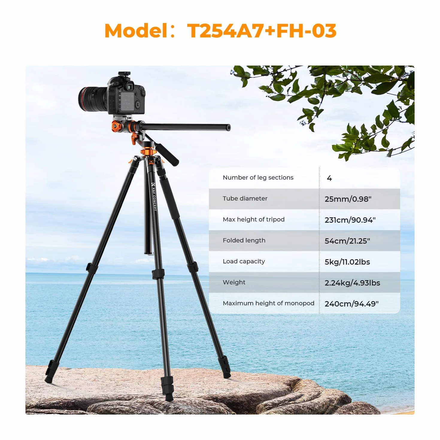 Statyw do aparatu, K&F CONCEPT statyw wideo, tripod z głowicą płynu, 231 cm statyw z kolumną środkową 90° i zdejmowanym statywem monopodowym, aluminiowy statyw podróżny T254A7+FH-03 do DSLR