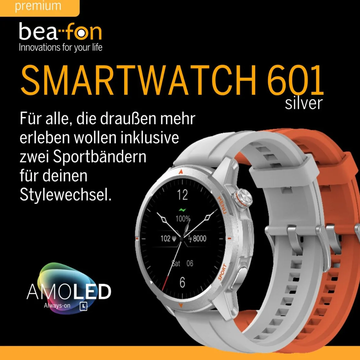 Beafon, Smartwatch 601, zegarek na rękę, wyświetlacz AMOLED 3,63 cm, szkło panda, kompas, wysokościomierz, IP68, 5ATM, tryb sportowy, tętno, tlen we krwi, krokomierz, połączenia Bluetooth, GPS