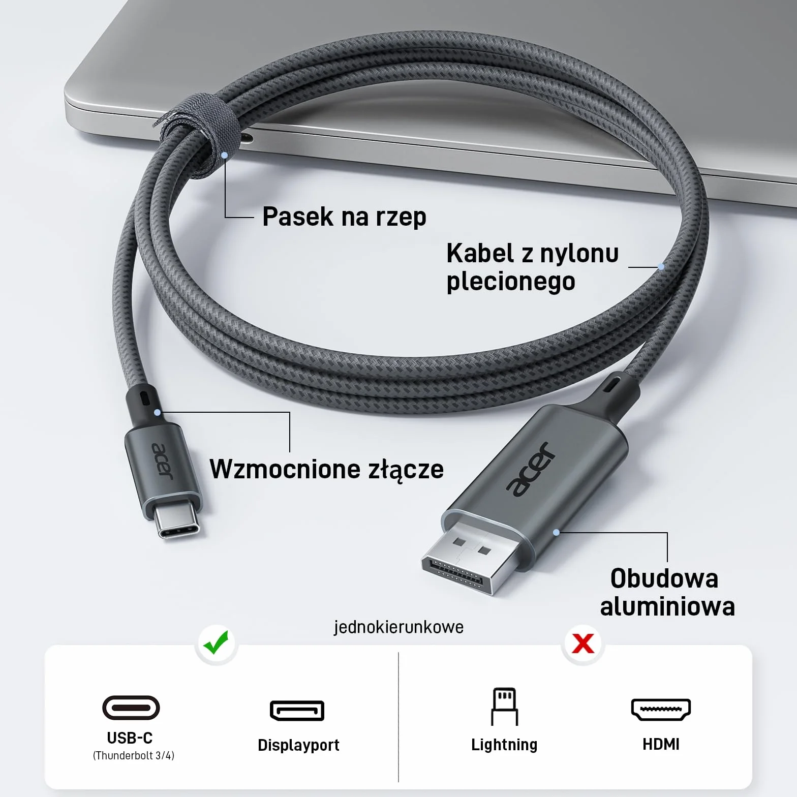Acer USB C do DisplayPort Kabel 4K@60Hz 2K@165Hz Aluminium Pleciony 2m