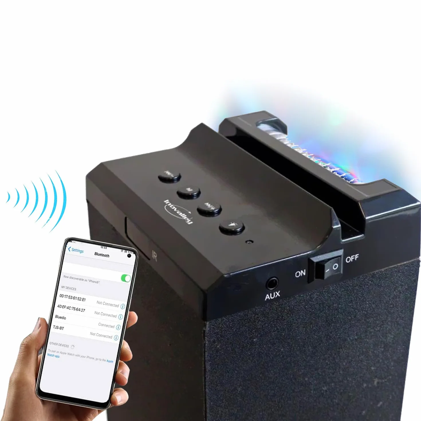 INOVALLEY Wieża dźwiękowa HP58BTH - Światło LED Multi-Rayon, Bluetooth, Radio FM, AUX - 4X 15W, pilot zdalnego sterowania