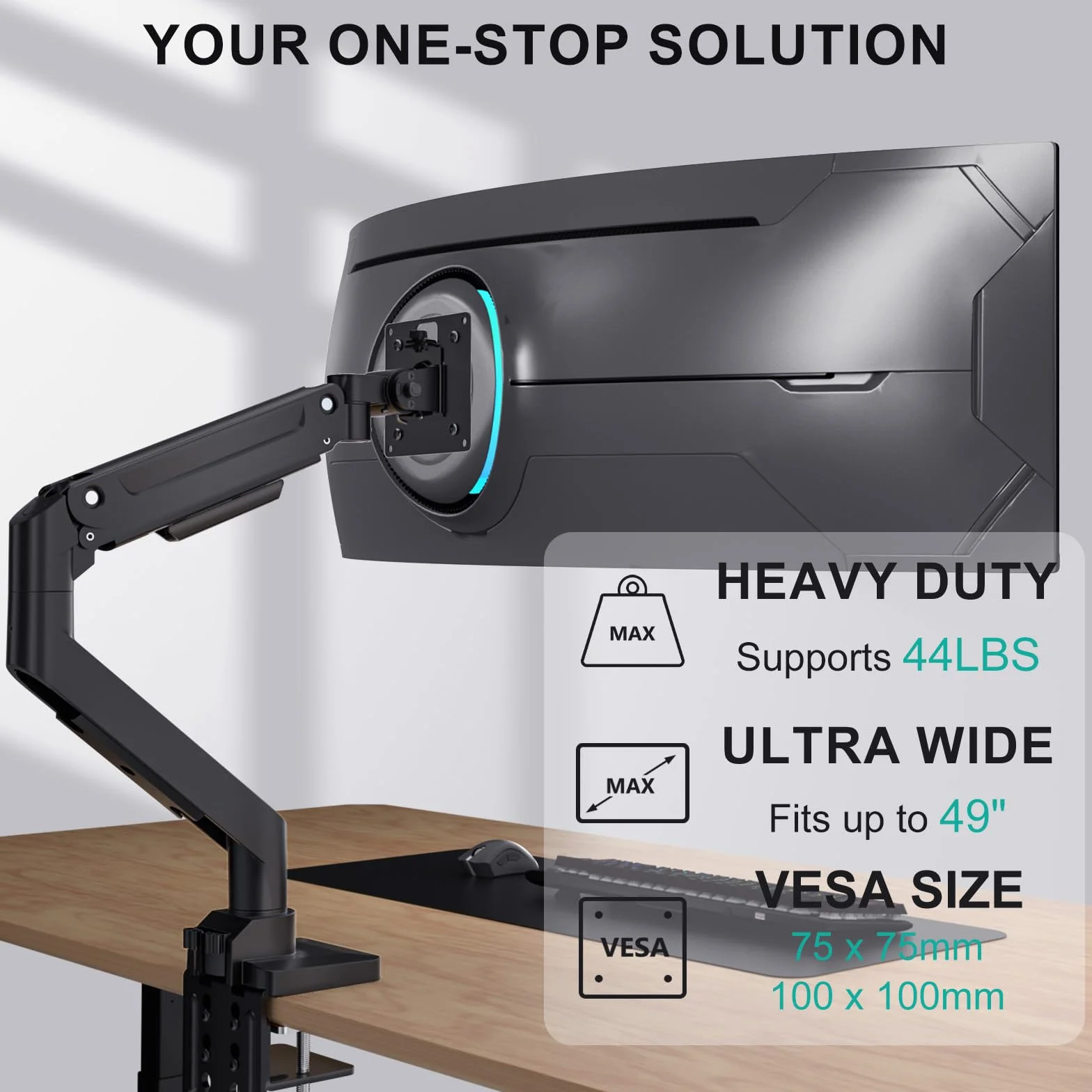 WALI Ramię ze sprężyną gazową z pojedynczym monitorem do ultrawide ekranu do 35 cali i 15 kg, wytrzymały stojak na monitor, w pełni regulowany uchwyt na biurko, VESA 75 i 100 mm, czarny (GSM001XL)