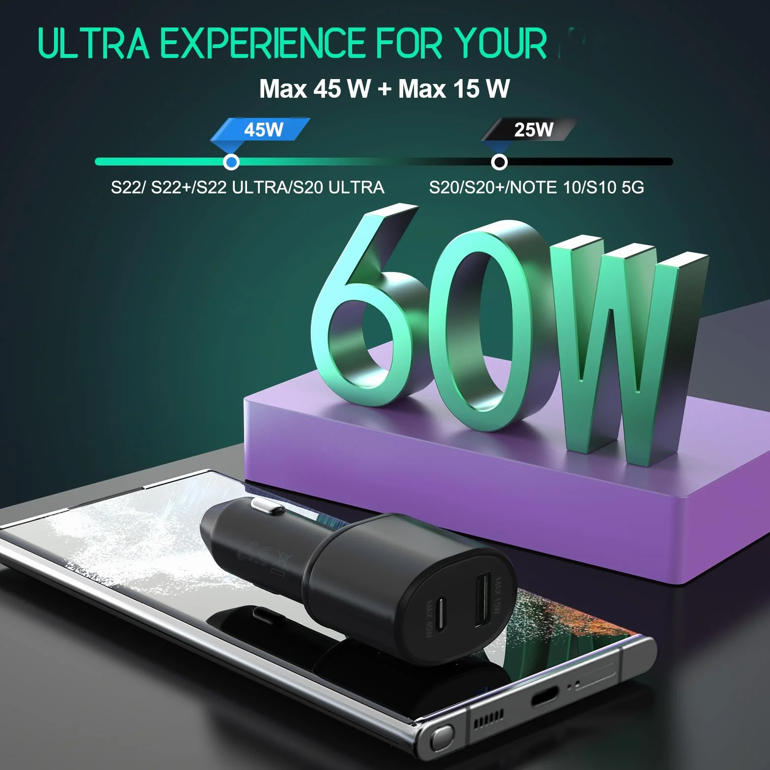 for Samsung Super Fast Dual Car Charger (45W+15W) with Super Fast Charging Cable for Samsung Galaxy S25 S24 S22 S21 S20 Ultra Plus Note 10+,Pixel,Note 20,PPS Car Charger
