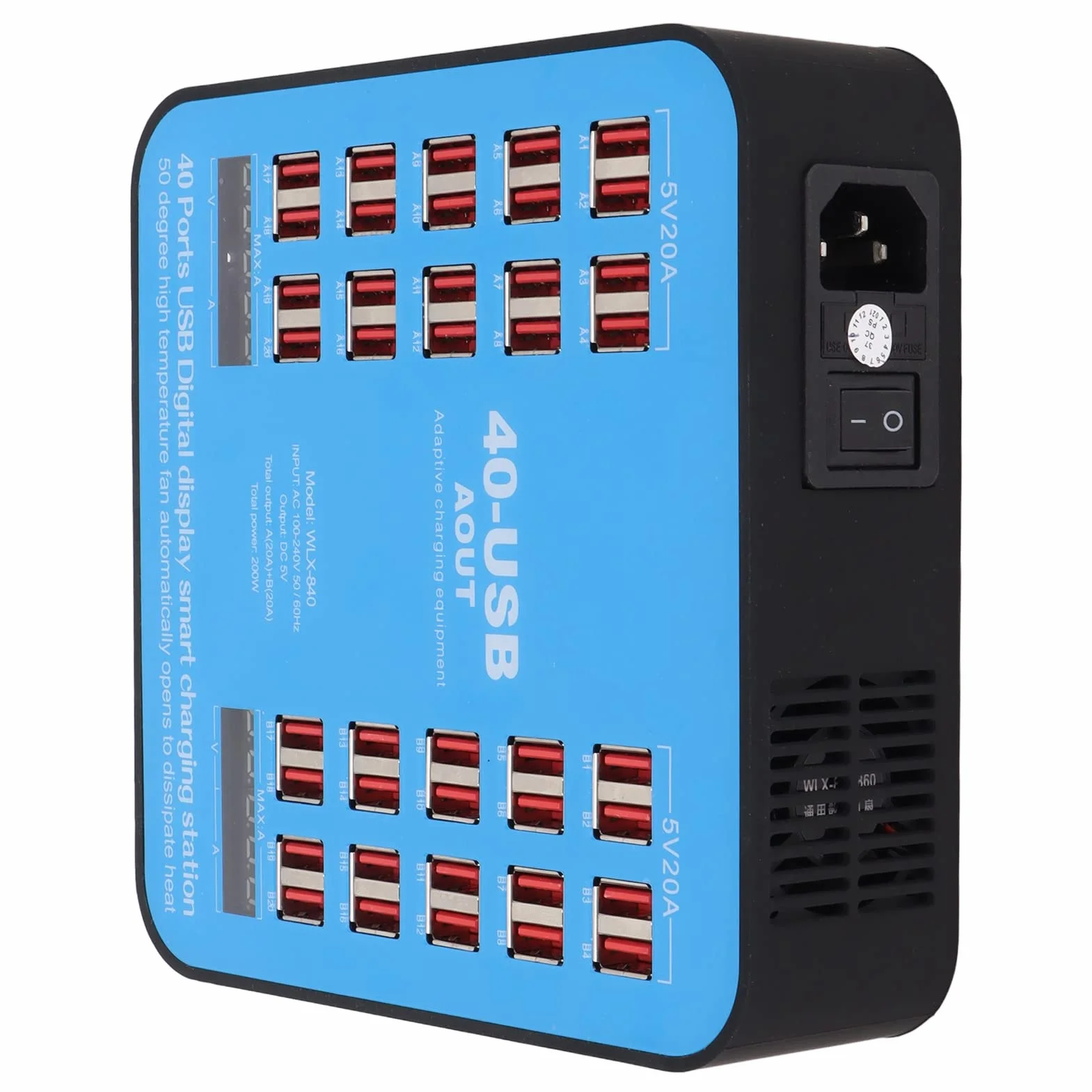 Wieloportowa Stacja ładująca USB, Koncentrator ładujący WLX‑840 z 40 Portami i Cyfrowym Wyświetlaczem LCD, Wieloportowa ładowarka 200 W do Tabletu z Telefonem Komórkowym(Wtyczka UE)