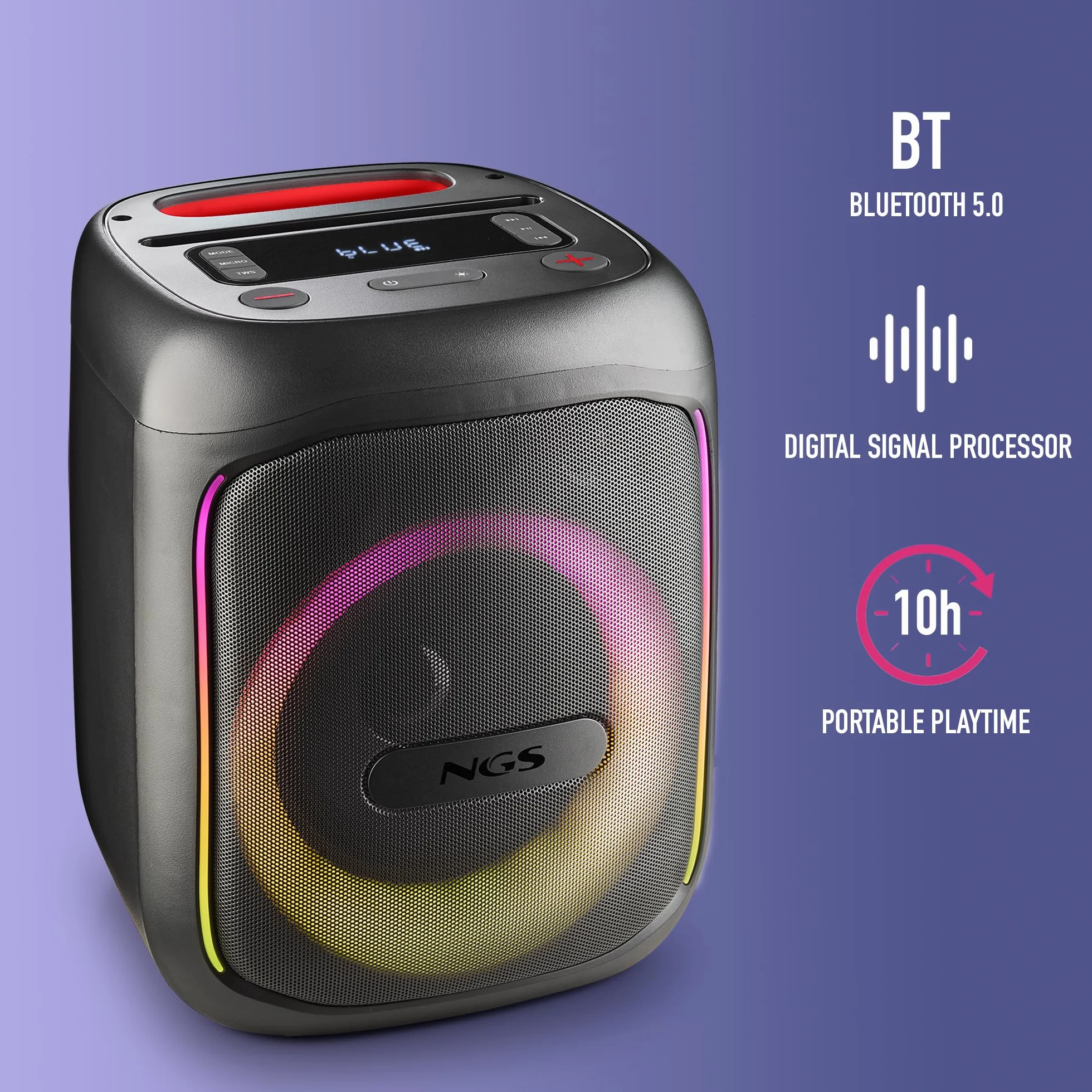 NGS Wild Swag Go przenośny głośnik, kompatybilny z technologią Bluetooth 5.0, True Wireless Stereo, diody LED i ekran, wejście USB, TF i Aux-Audio, 24 x 23 x 30 cm, 80 W, kolor
