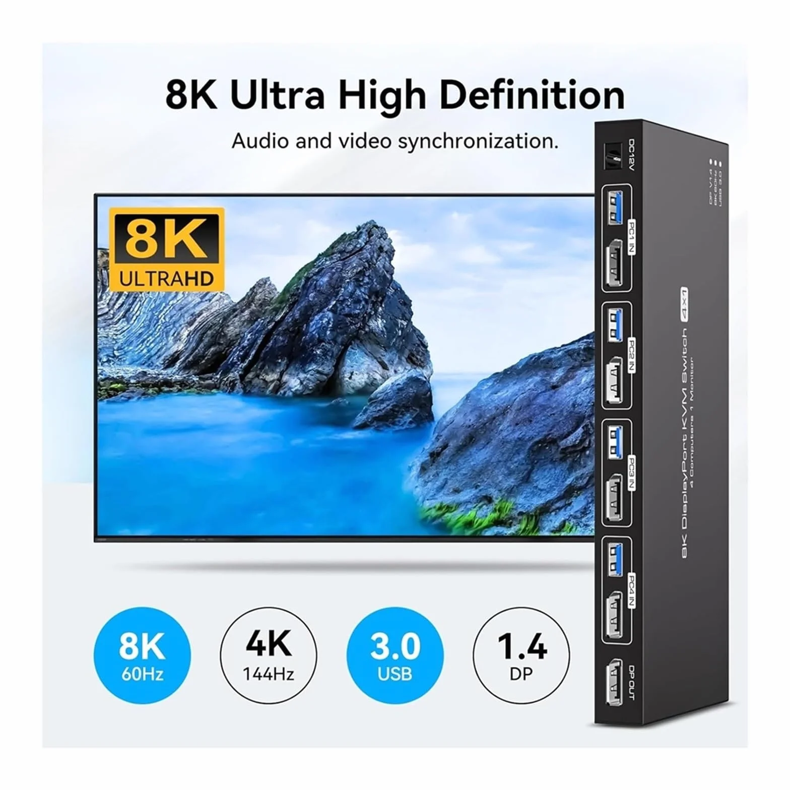 Przełącznik KVM 8K Displayport 1 monitory 4 komputery 4K 144 Hz 4x1 DP USB 3.0, Selektor wielu portów