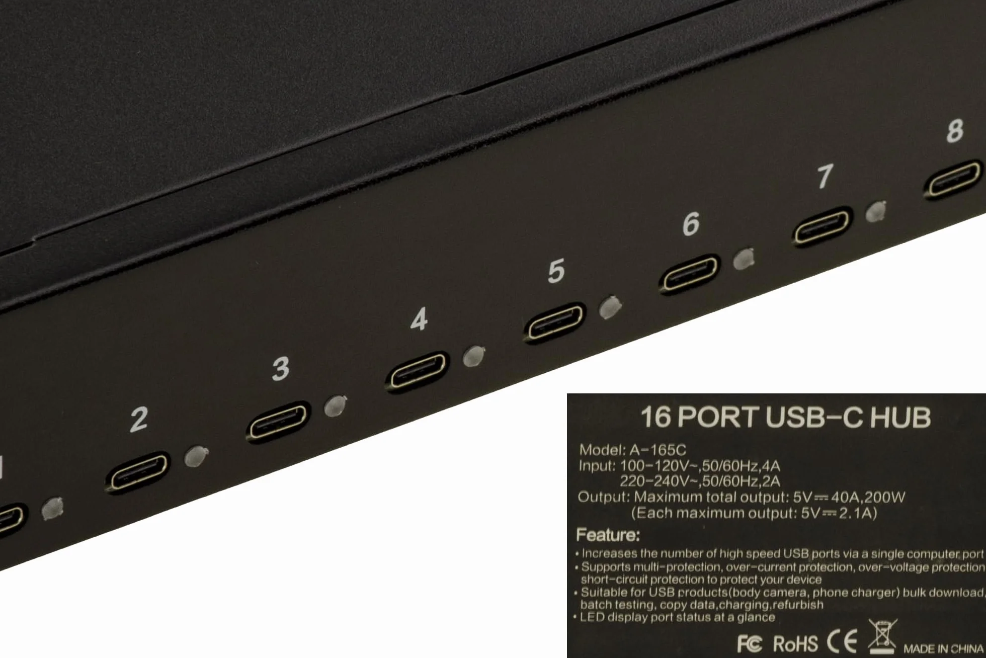 KALEA-INFORMATIQUE Przemysłowa stacja ładująca do montażu w szafie rack 44 cm 16 portów USB typu C Maksymalna moc 200 W, zasilanie 5 V 2,1 A na port