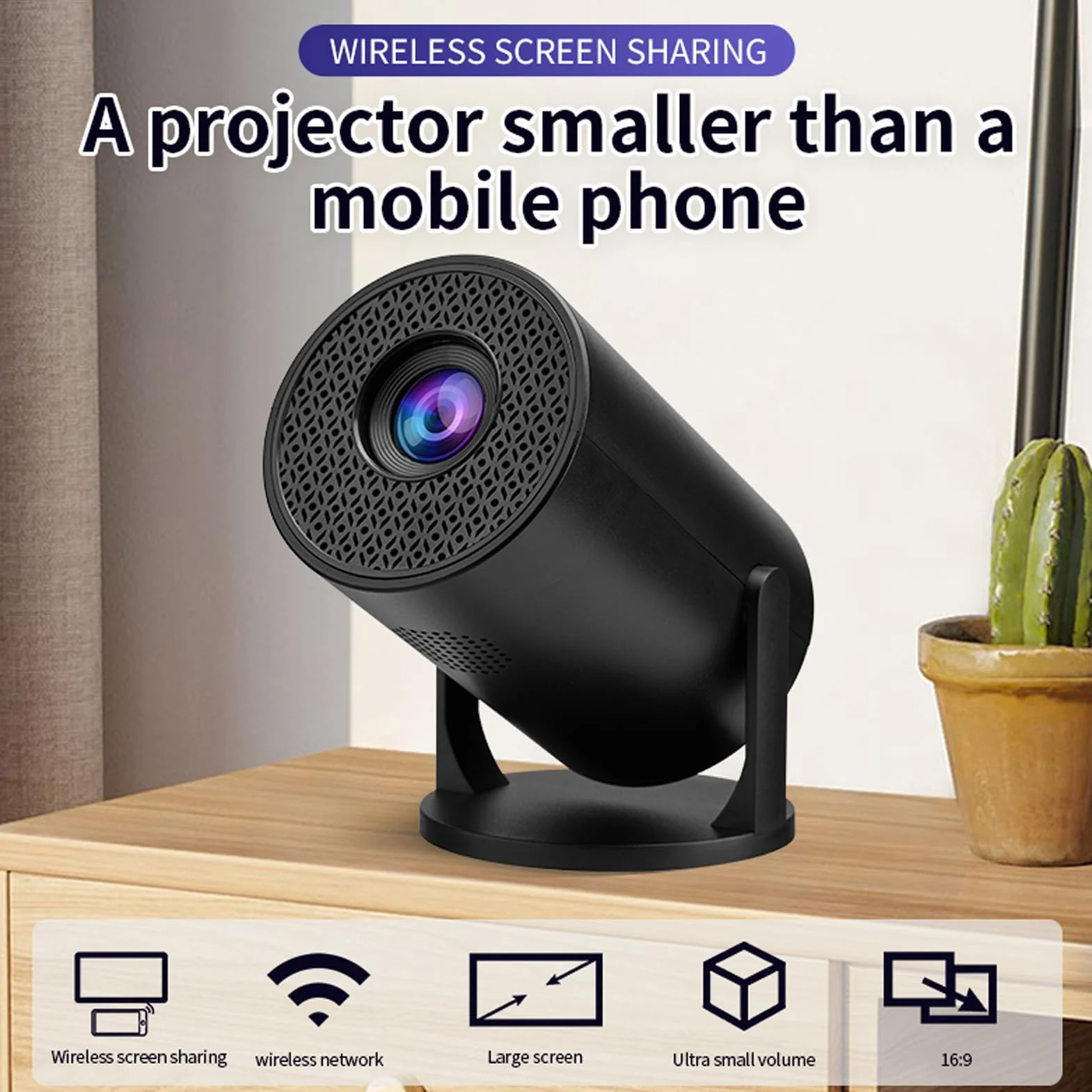 ASHATA Mini Projektor z Wi -Fi i Bluetooth, 270 ° Regulowany Stojak na Zewnątrz Projektor Kina Domowego USB TV Stify Filmy Projektor Filmowy na Smartfona z Laptopa Android