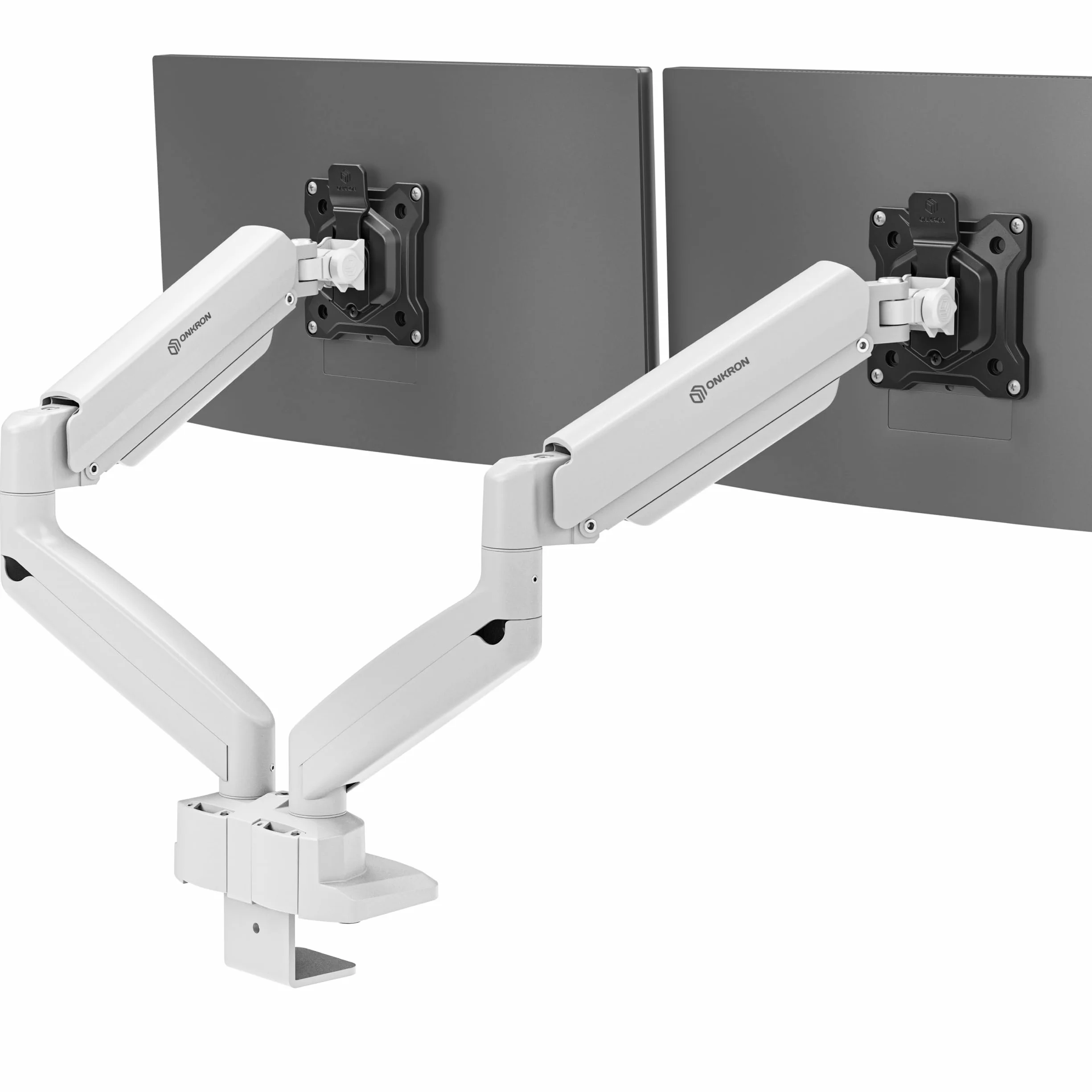 ONKRON Uchwyt Biurkowy Na 2 Monitory dla Ekranów 13-32 cale, do 2x10 kg, Ramię do Dwóch Monitorów ze Sprężyną Gazową, z Czarną Płytką VESA 75x75 – 100x100, Biały G160-BW