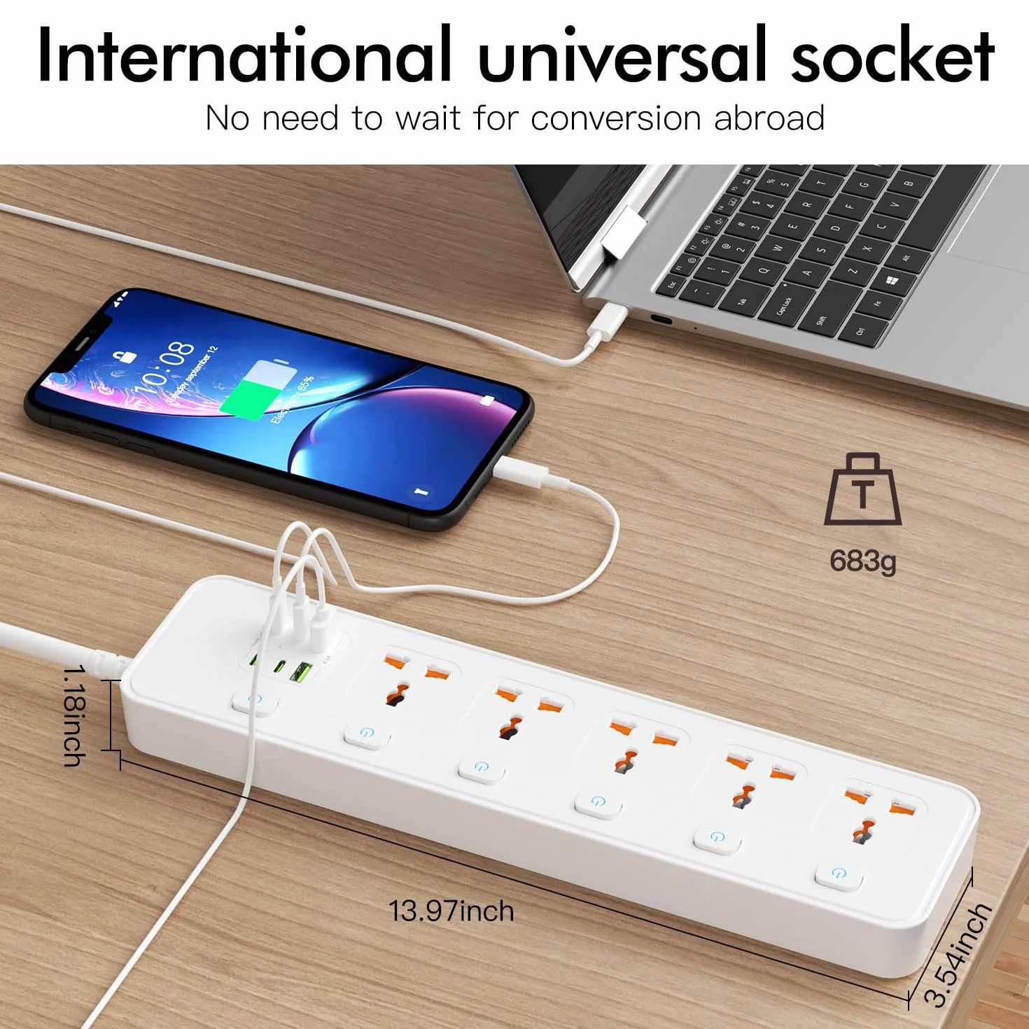 Listwa zasilająca uniwersalna z pojedynczym przełącznikiem, 5 uniwersalnych gniazd, maks. 3250 W, kabel sieciowy 1,8 m, 4 x 20 W USB-C i 2 x USB-A, listwa zasilająca z USB C, biała