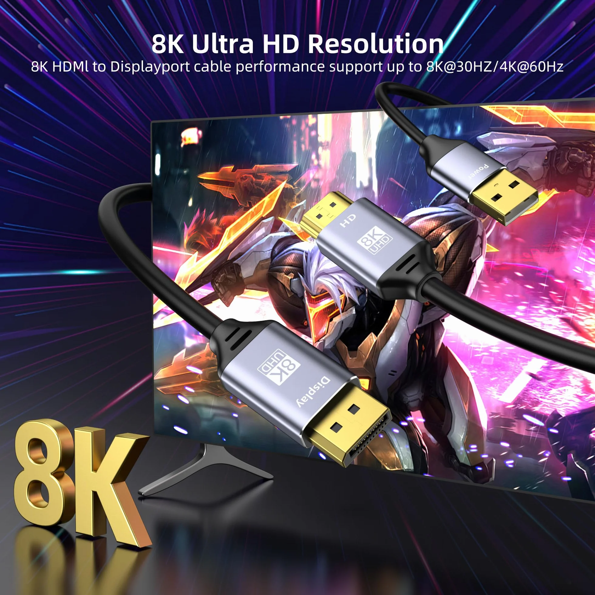 Kabel HDMI na wyświetlaczu 8K, adapter 4K 120 Hz HDMI 2.1 na Displayport 1.4, zasilanie USB, do laptopów, dyskretnych GPU, PS5 i Xbox Series X oraz monitorów do gier