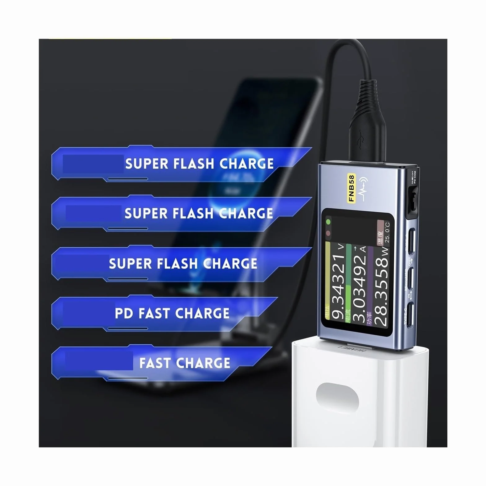 Tester USB, FNB58 Woltomierz cyfrowy Amperomierz Woltomierz prądu Tester USB Wskaźnik napięcia Profesjonalne narzędzia dla elektryków(Without Bluetooth)
