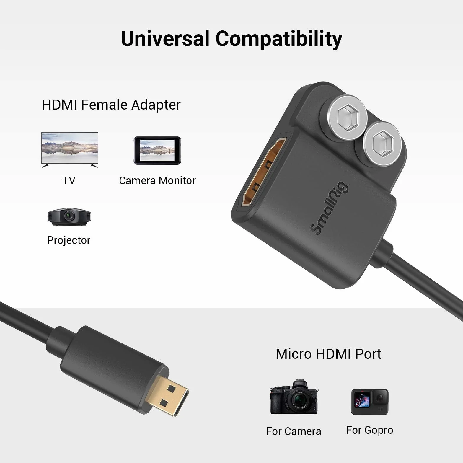 SMALLRIG Adapter kablowy 4K 4K@60Hz, męski konwerter mikro typu D na żeński typu A, dla Sony A7R IV / A7RIII/ A7III/ A7II/ A7RII, dla Fujifilm X-T2/ X-T3, długość kabla 8 cm/3 cale - 3021