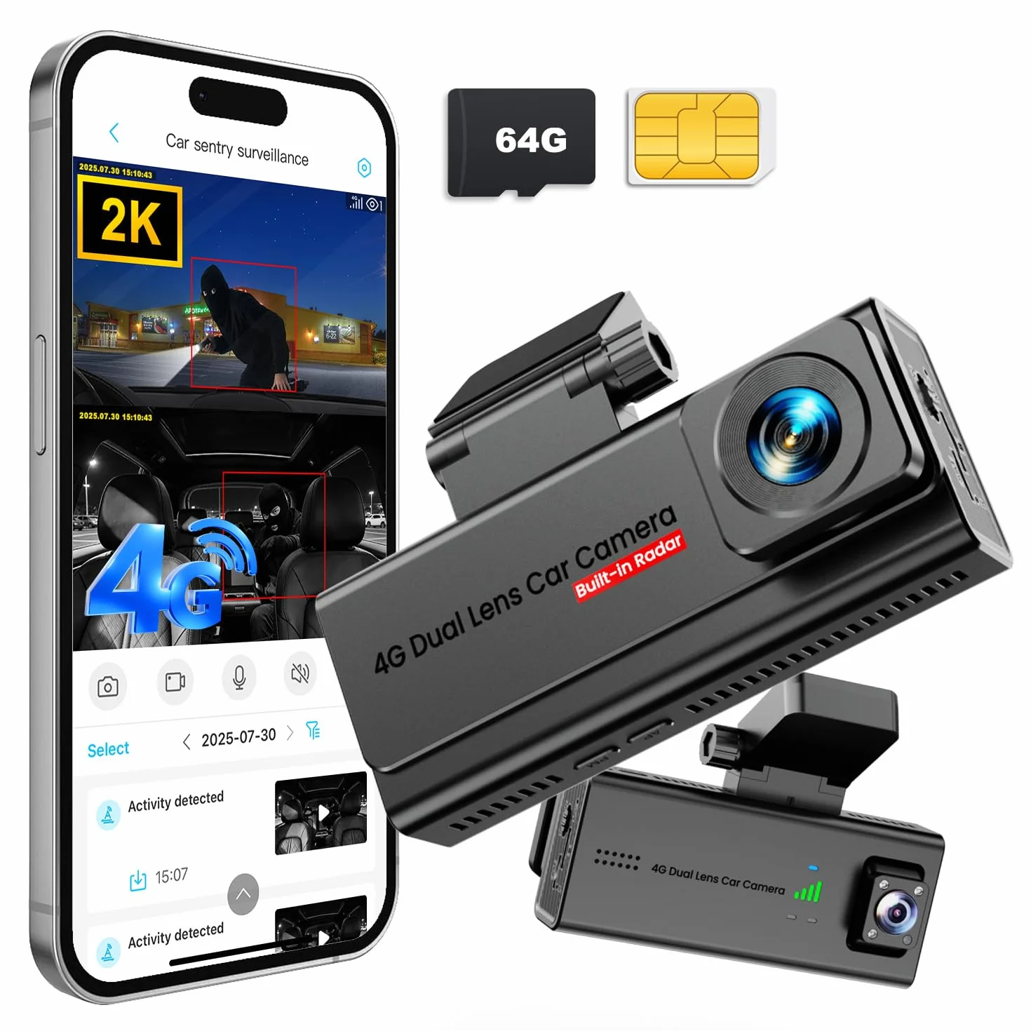 Dashcam Samochód 4G LTE z kartą SIM, przednia i wewnętrzna kamera samochodowa, alarmy i wykrywanie radarów, tryb parkowania 24 h, GPS, dwukierunkowy dźwięk, czujnik G, chmura/SD, do flot, taksówek