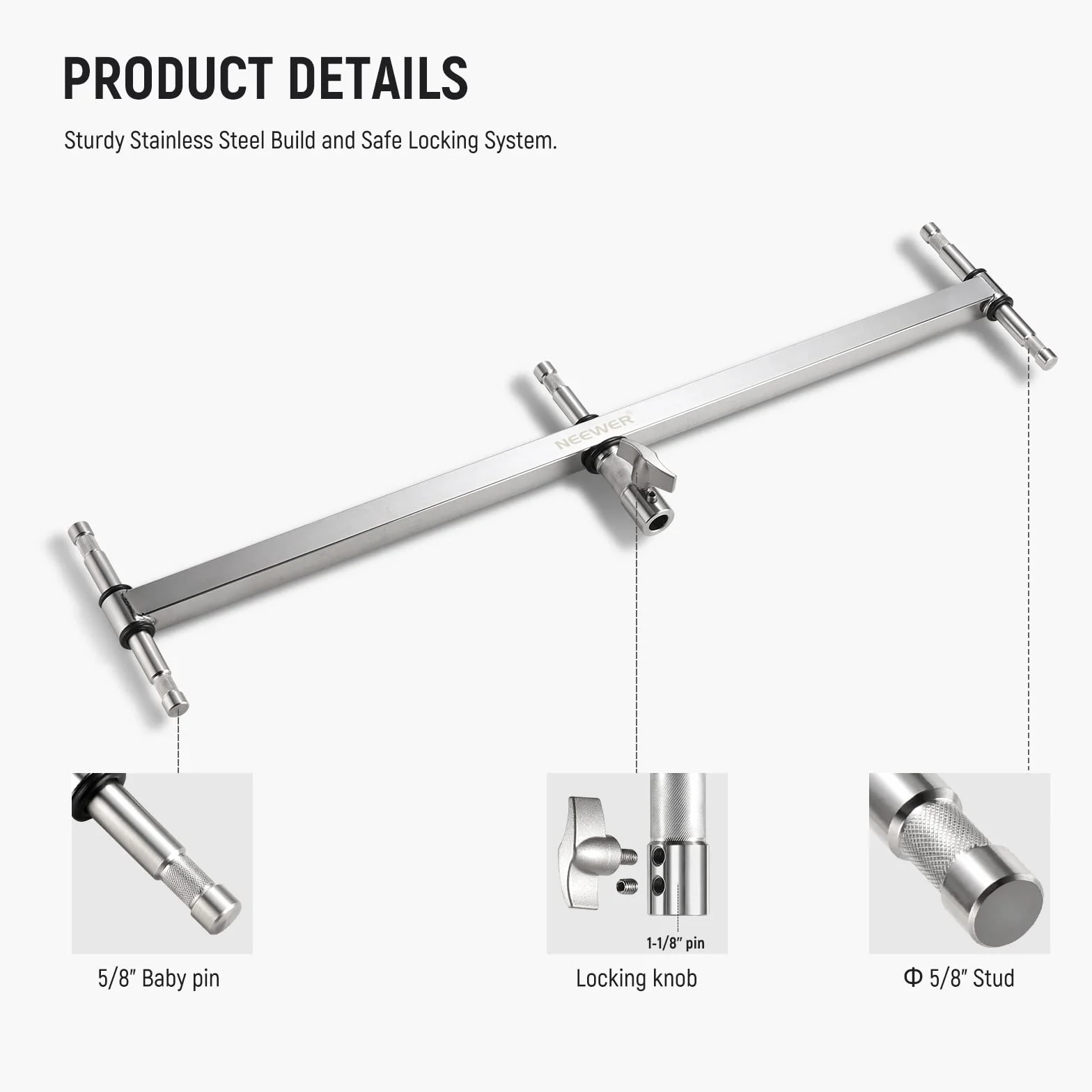 NEEWER Potrójne ramię strzałki Adapter do oświetlenia stojaka C z 5 pinami 5/8" do oświetlenia wideo/błysku, 1 piny 1-1/8", kołek 16 mm/odbiornik 28 mm junior, stal nierdzewna, UA005