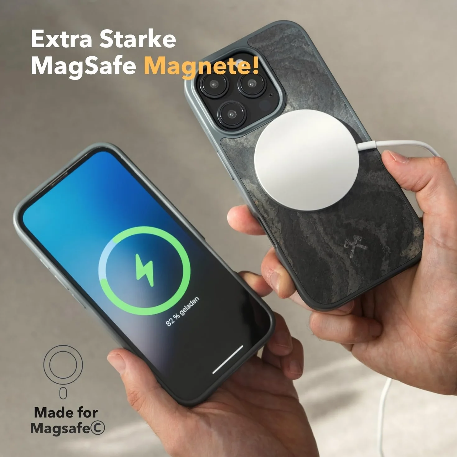 Woodcessories - Magnetyczne etui typu bumper do iPhone 17 Pro, kompatybilne z MagSafe, etui z magnesem z kamienia, szare moro
